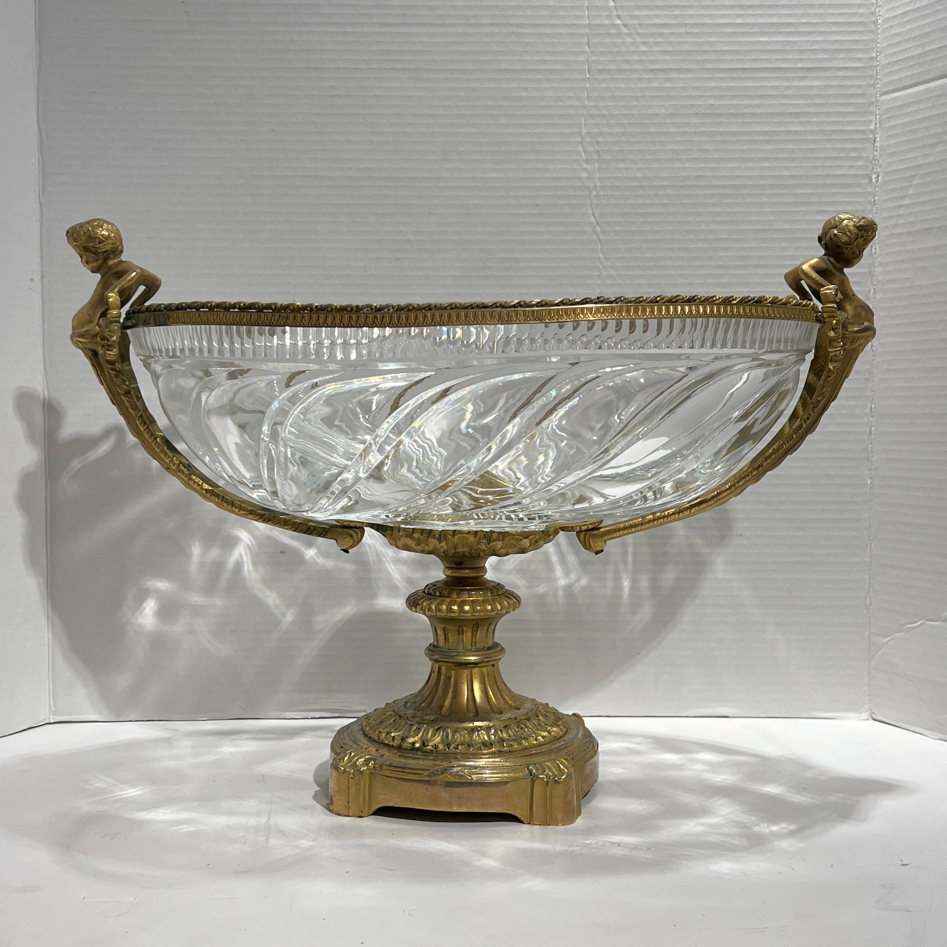French Baccarat style Gilt Bronze Mounted Crystal Glass Centerpiece Bowl