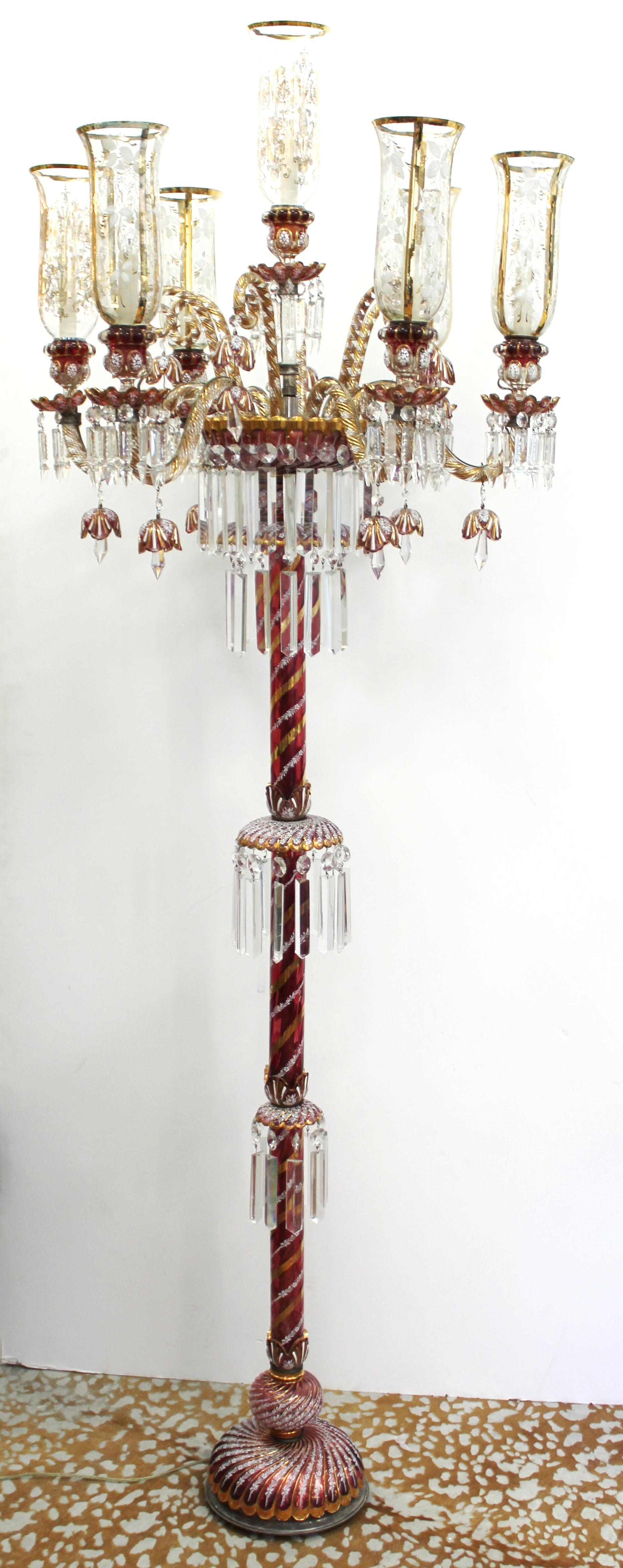 Victorian Baccarat Style Ruby & Gold Crystal Torchiere Lamps