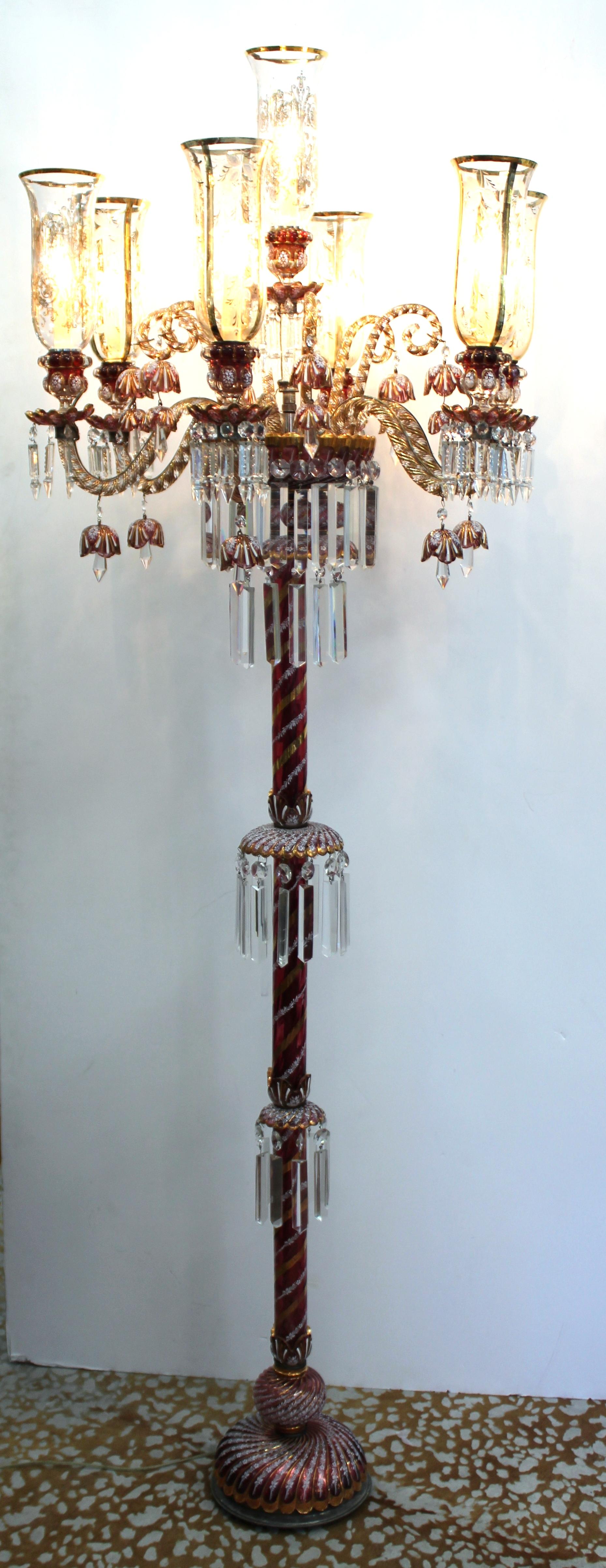 Baccarat Style Ruby & Gold Crystal Torchiere Lamps In Good Condition In New York, NY