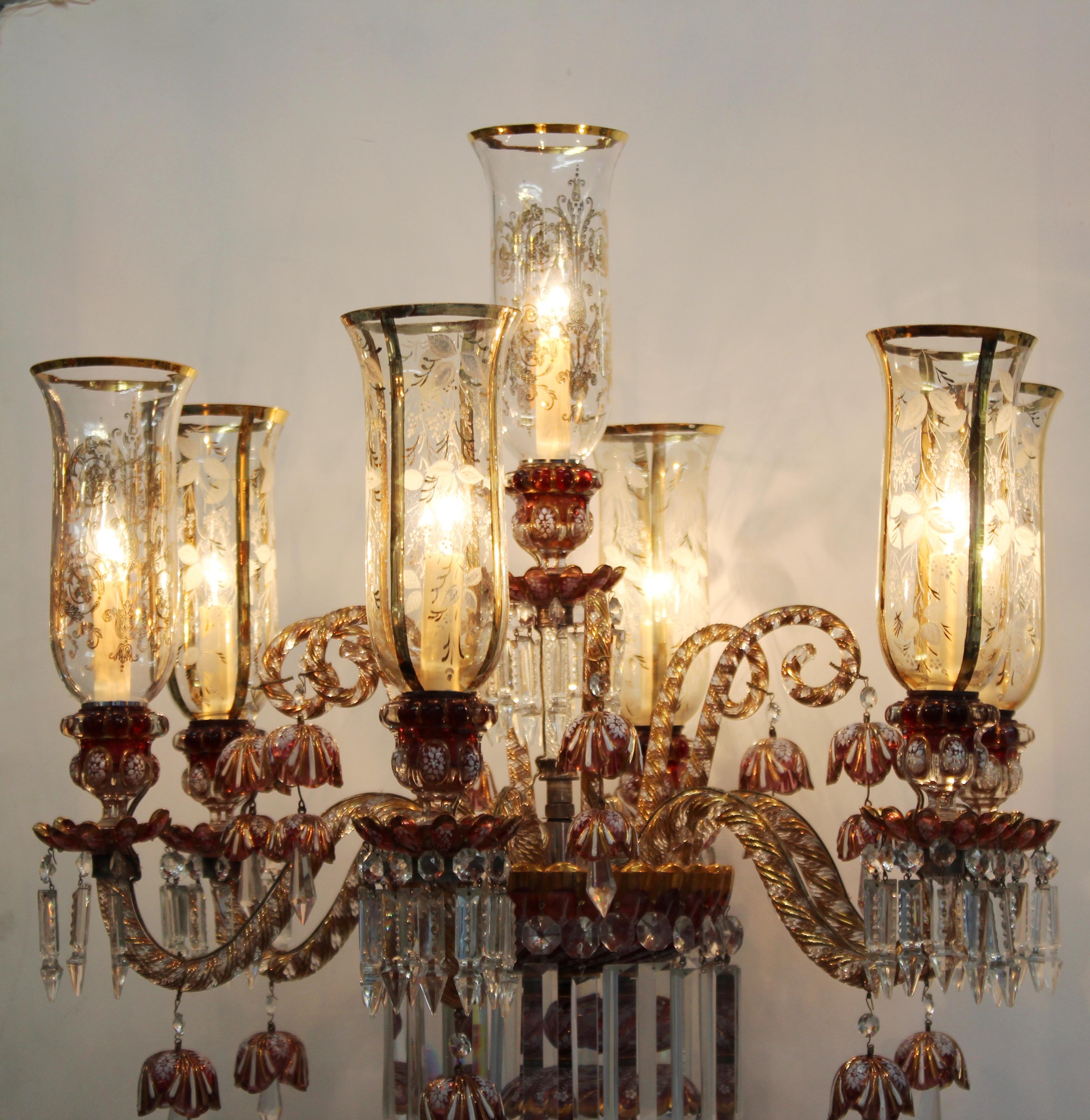 20th Century Baccarat Style Ruby & Gold Crystal Torchiere Lamps