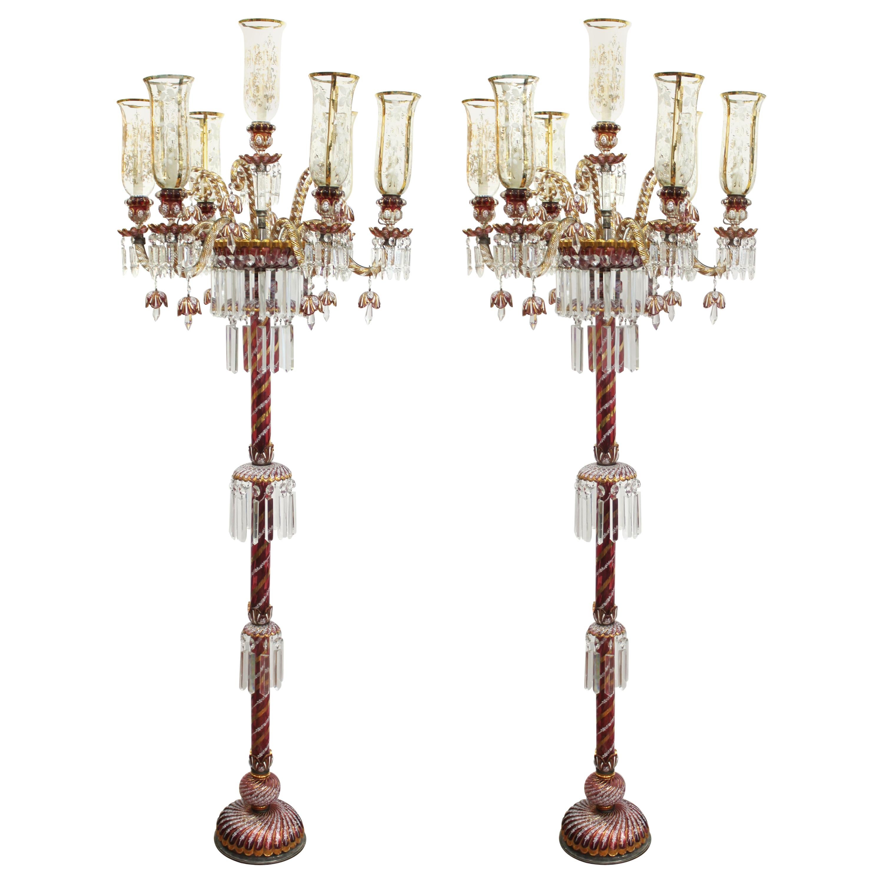Baccarat Style Ruby & Gold Crystal Torchiere Lamps
