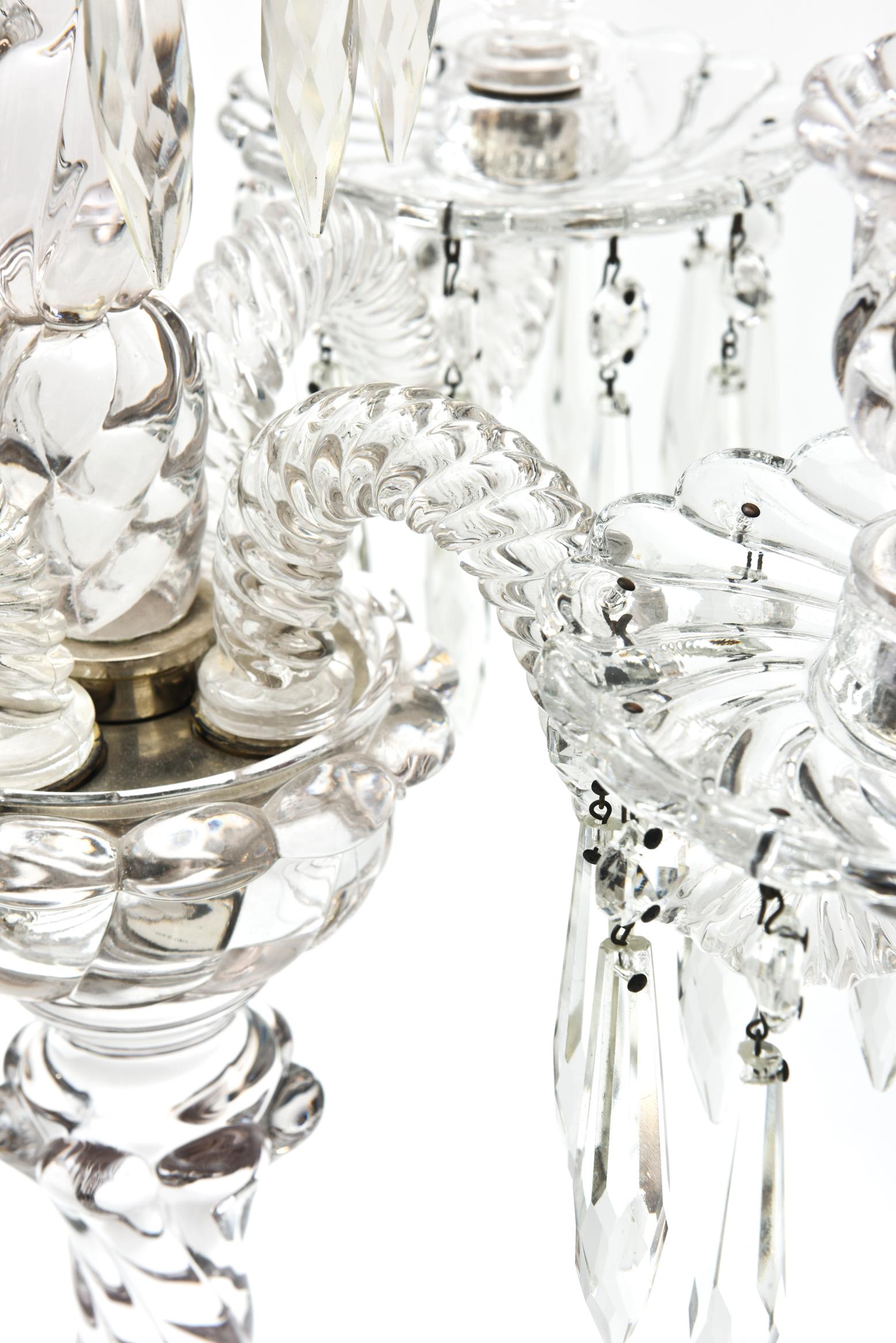 French Baccarat Style Tall Crystal Candelabra, 4 Arms and Central Stem, Original Prisms