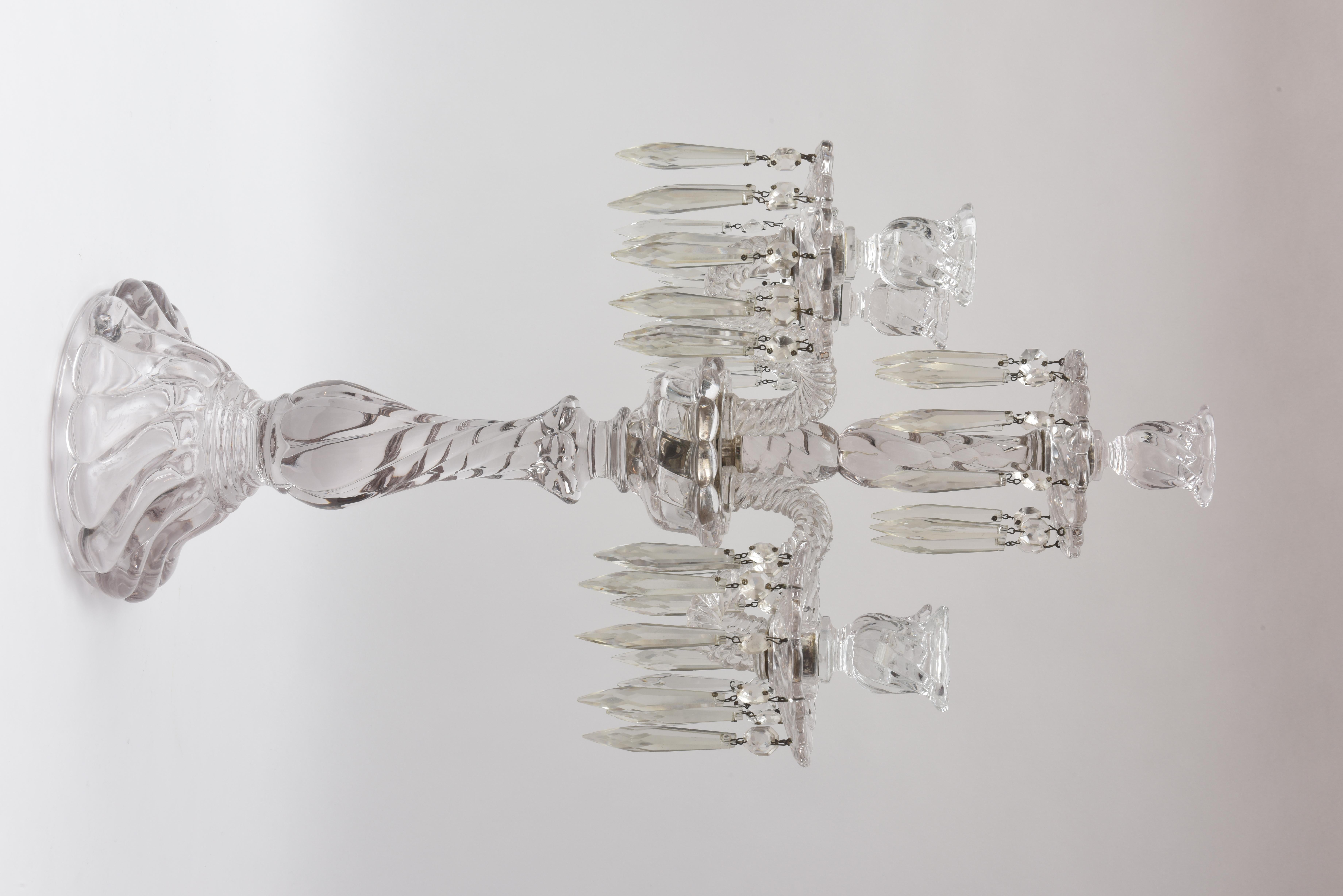 Hand-Crafted Baccarat Style Tall Crystal Candelabra, 4 Arms and Central Stem, Original Prisms