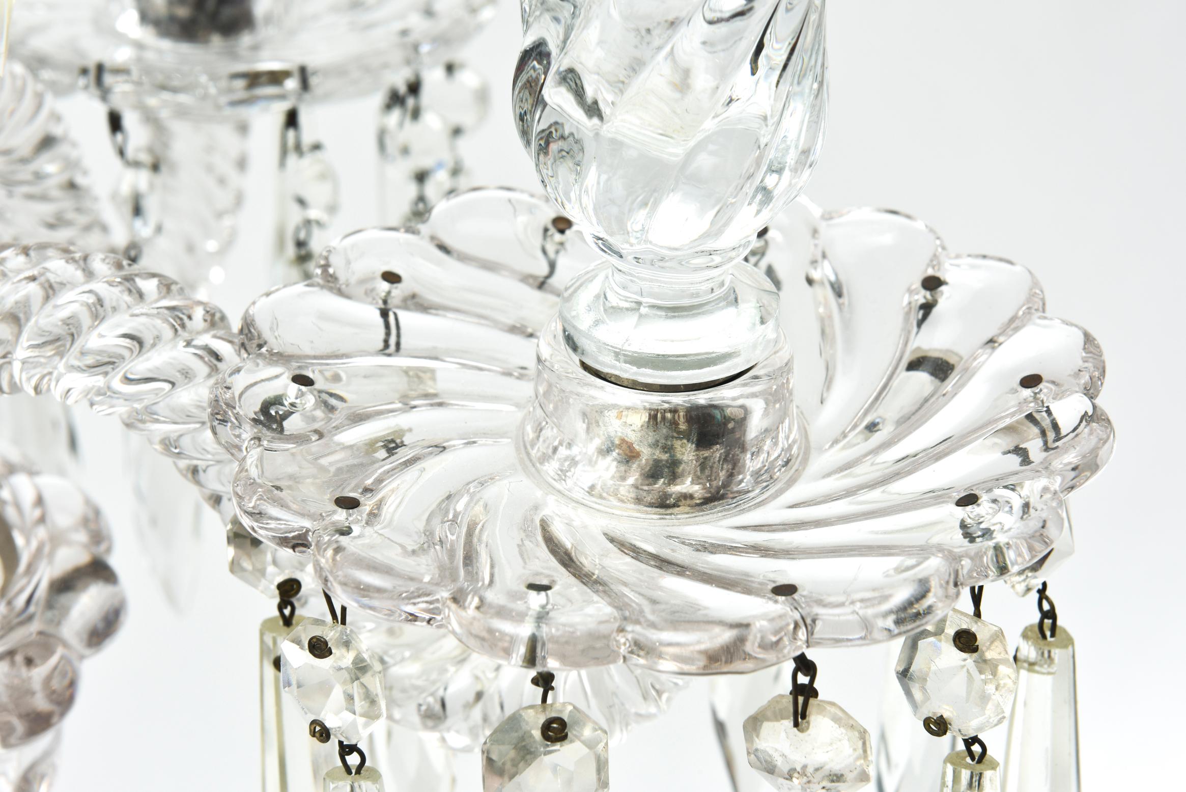 Baccarat Style Tall Crystal Candelabra, 4 Arms and Central Stem, Original Prisms In Good Condition In West Palm Beach, FL