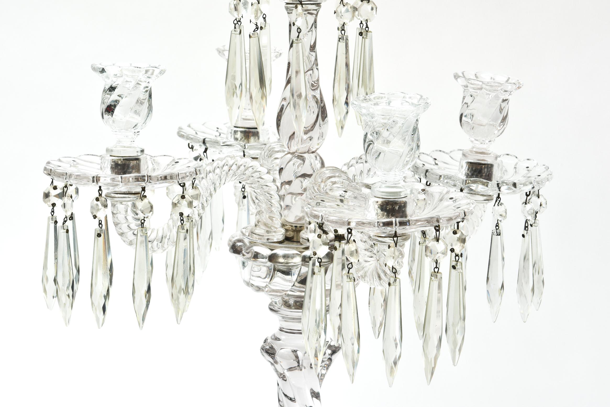 Early 20th Century Baccarat Style Tall Crystal Candelabra, 4 Arms and Central Stem, Original Prisms