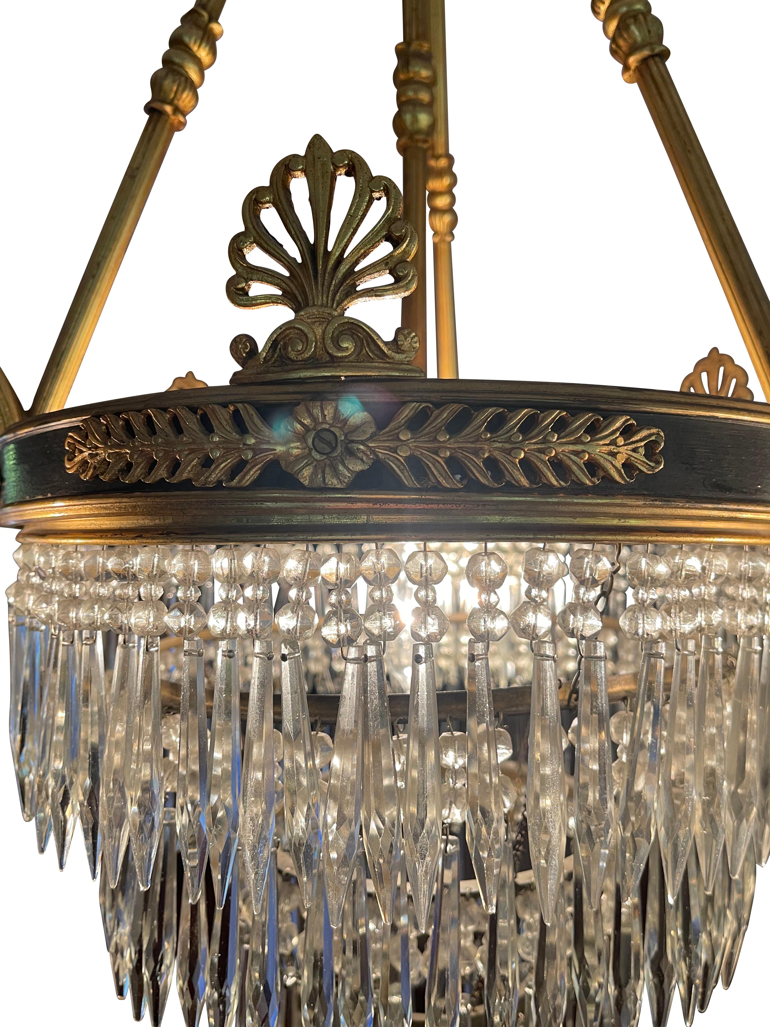 Hand-Crafted Baccarat Style Three-Arm Crinoline Chandelier with Arrow Prisms