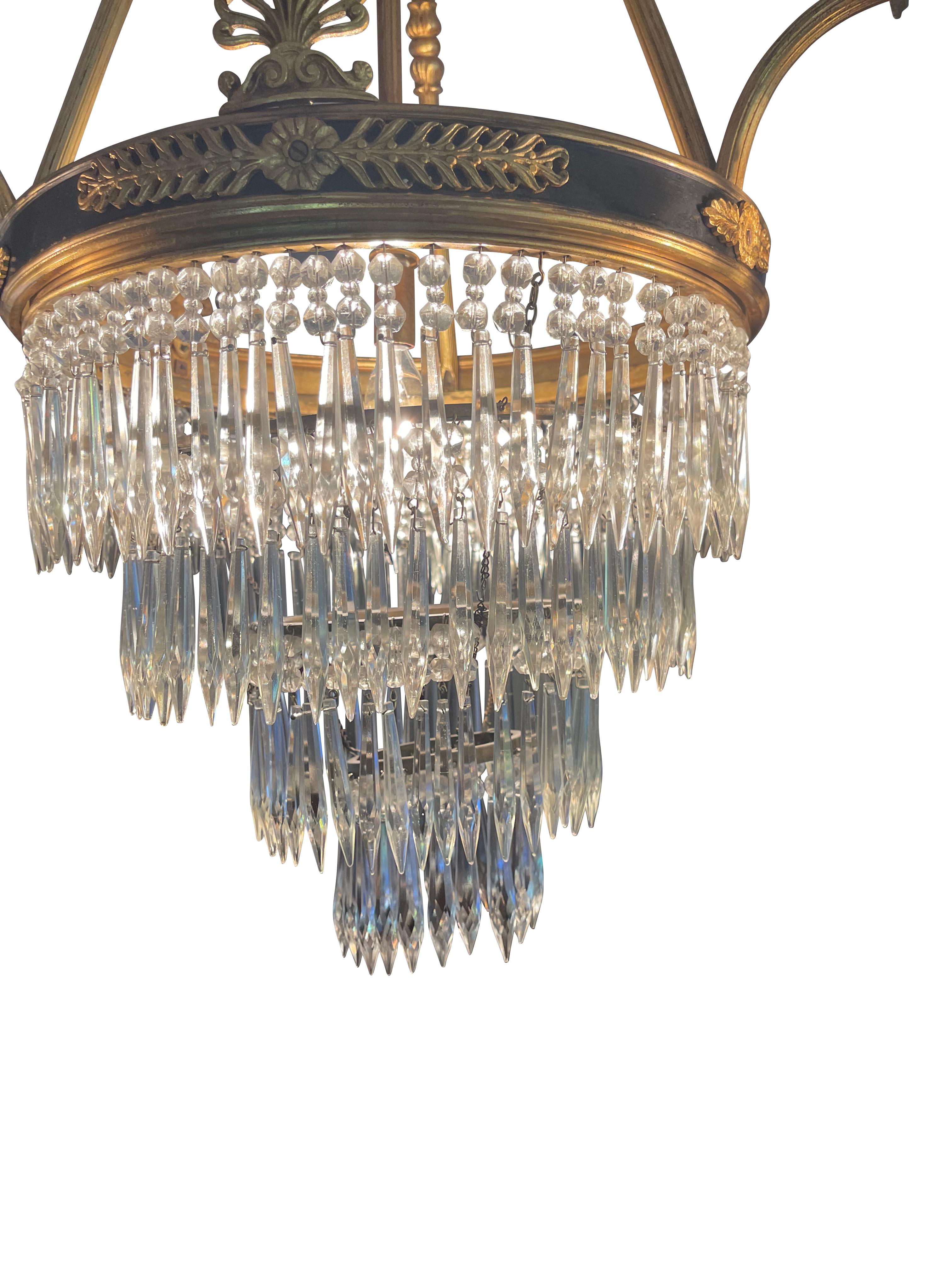 Baccarat Style Three-Arm Crinoline Chandelier with Arrow Prisms In Good Condition In Essex, MA