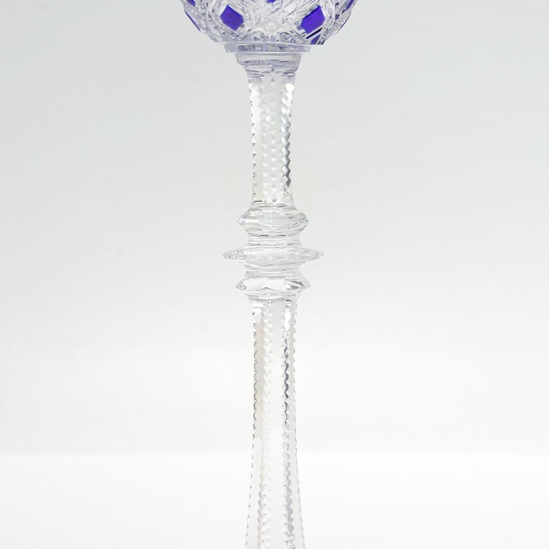 Art Glass Baccarat Tsar/Czar Cobalt Blue Cut to Clear Glass Wine Goblet or Stem