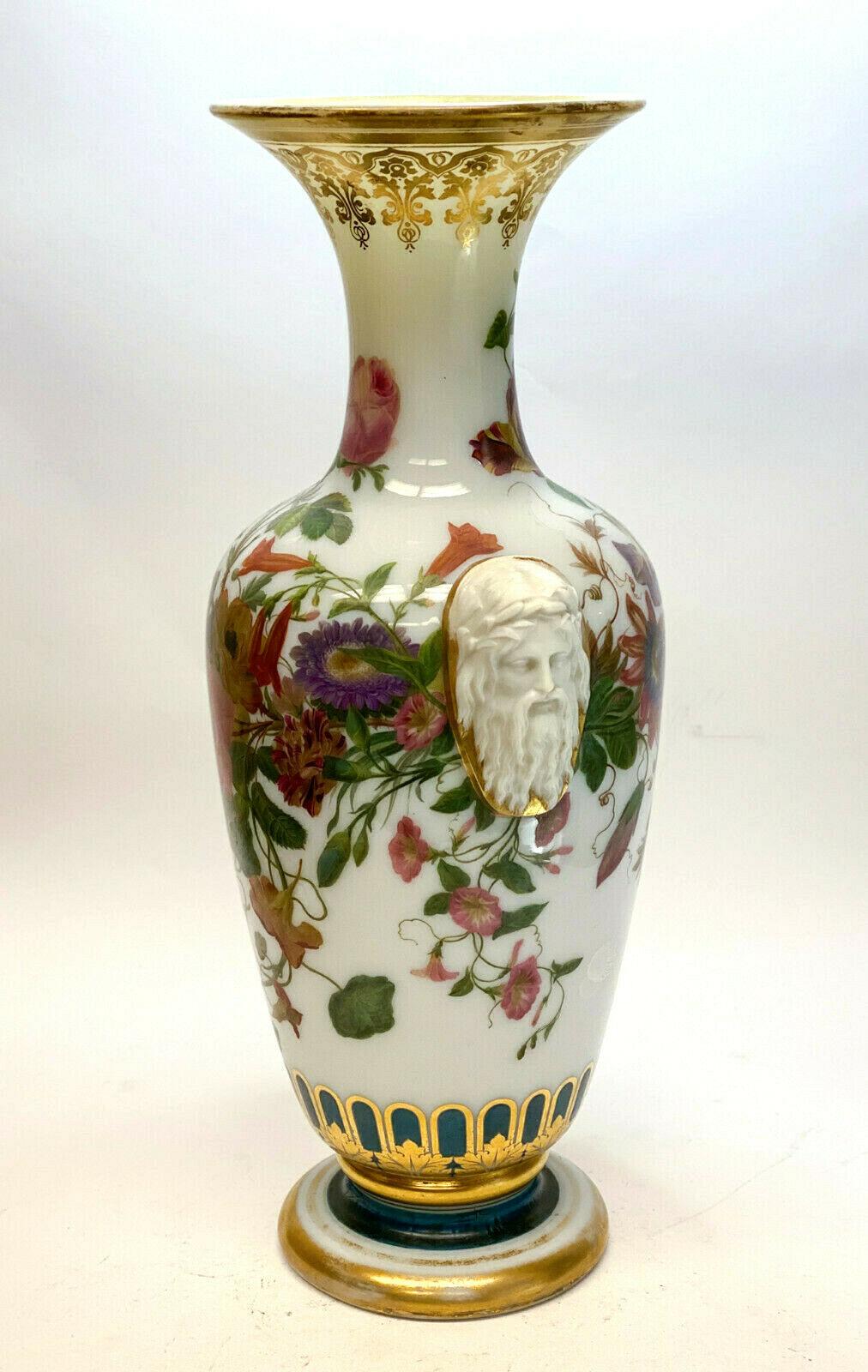 European Baccarat White Opaline Glass Vase, Hand Painted Flowers, Molded Profile Heads For Sale