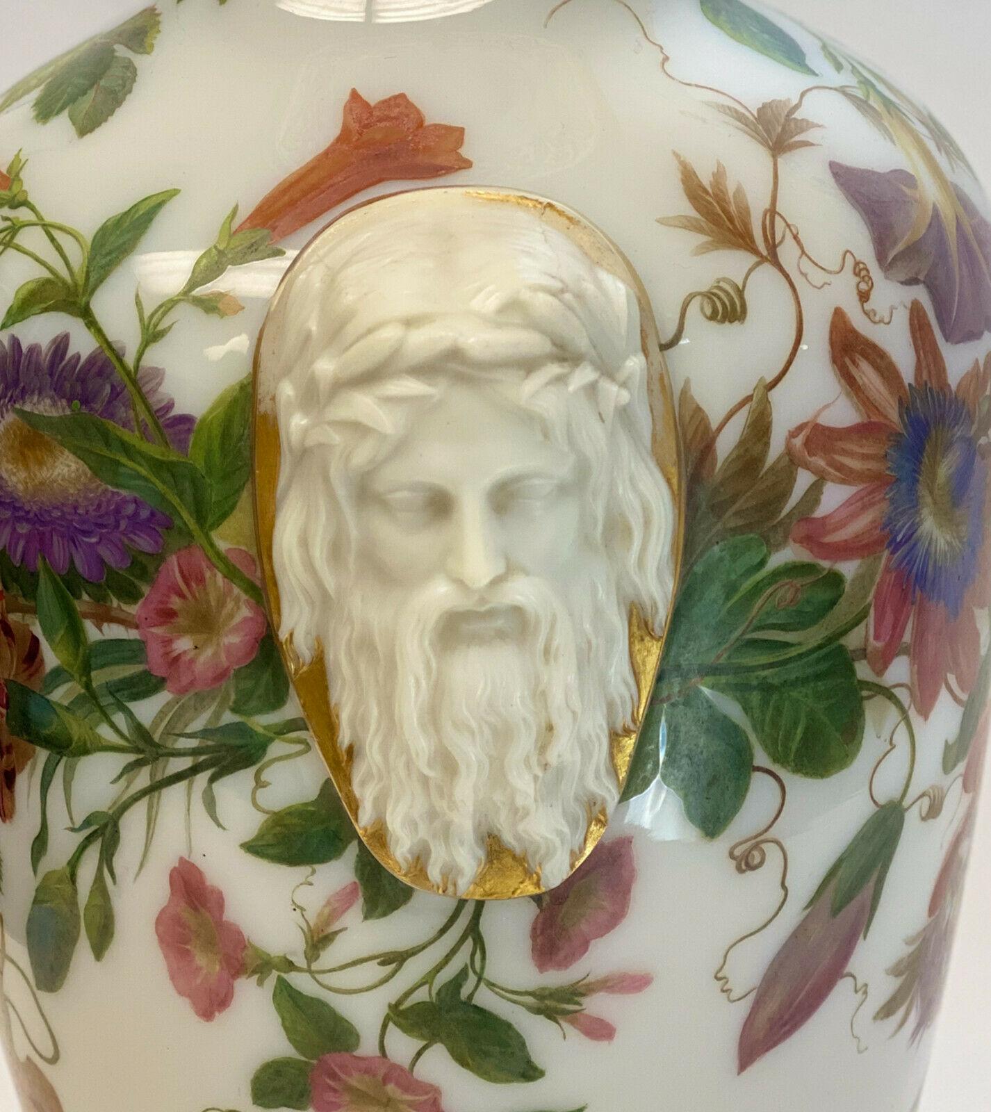 Baccarat White Opaline Glass Vase, Hand Painted Flowers, Molded Profile Heads In Good Condition For Sale In Pasadena, CA