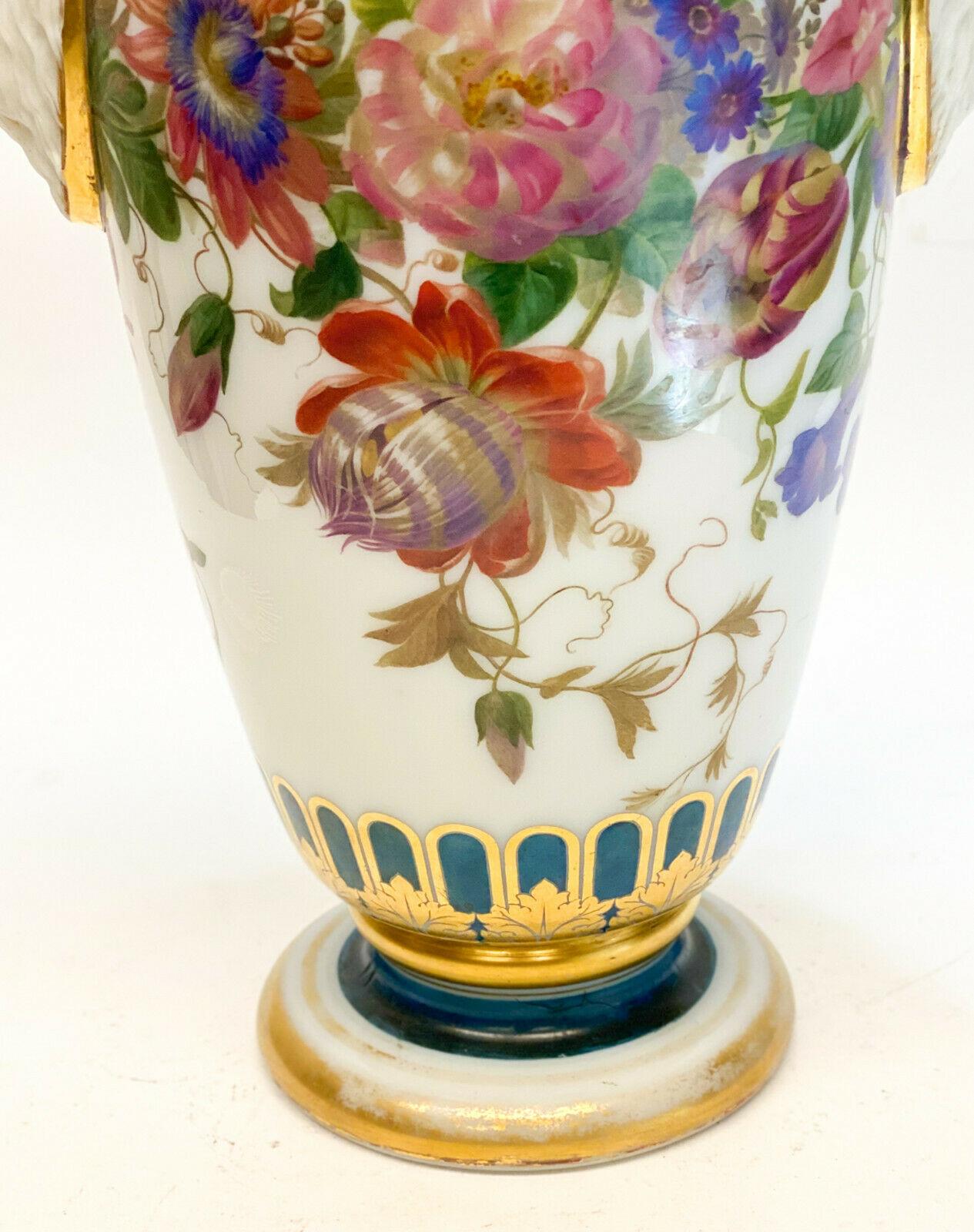 Art Glass Baccarat White Opaline Glass Vase, Hand Painted Flowers, Molded Profile Heads For Sale