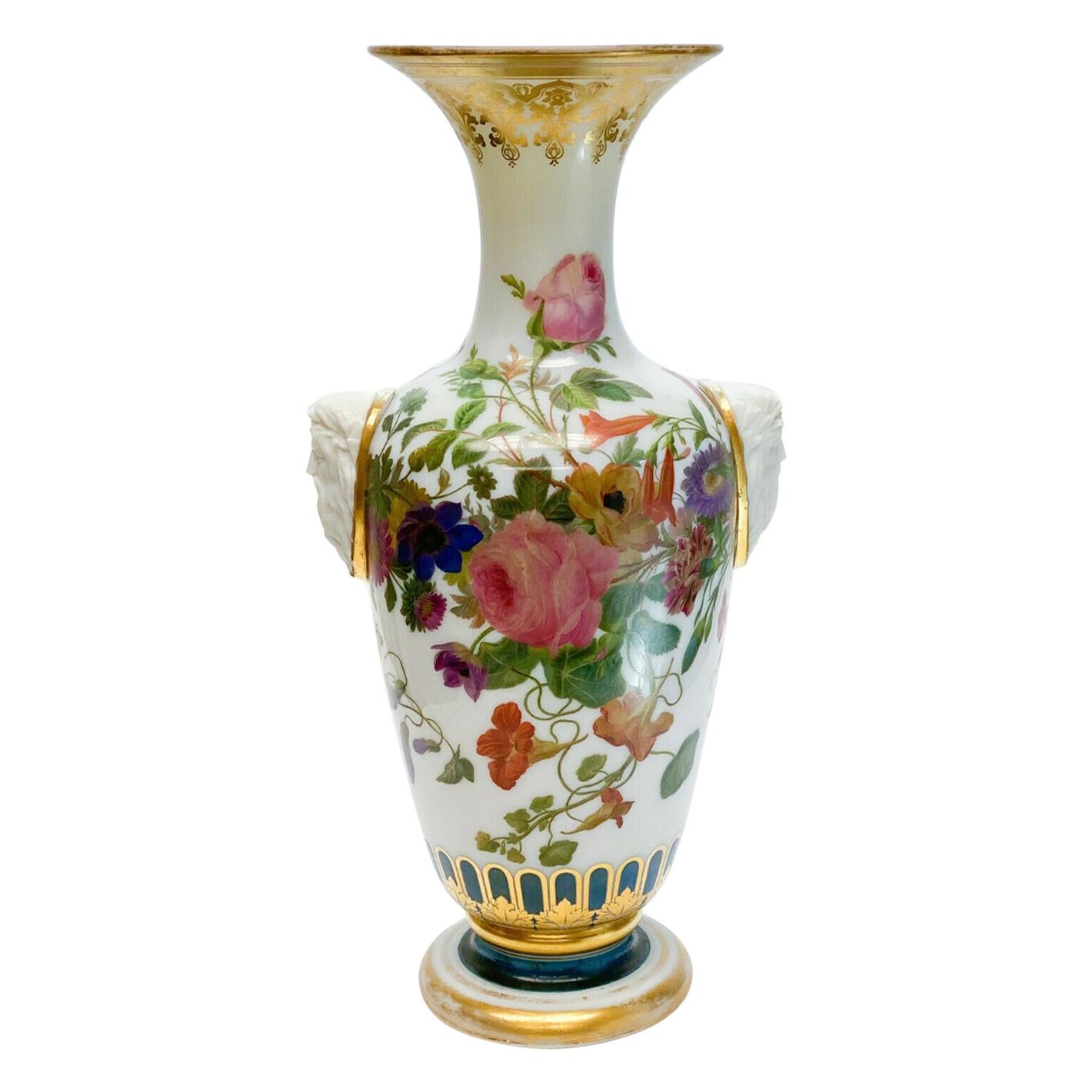 Baccarat White Opaline Glass Vase, Hand Painted Flowers, Molded Profile Heads For Sale
