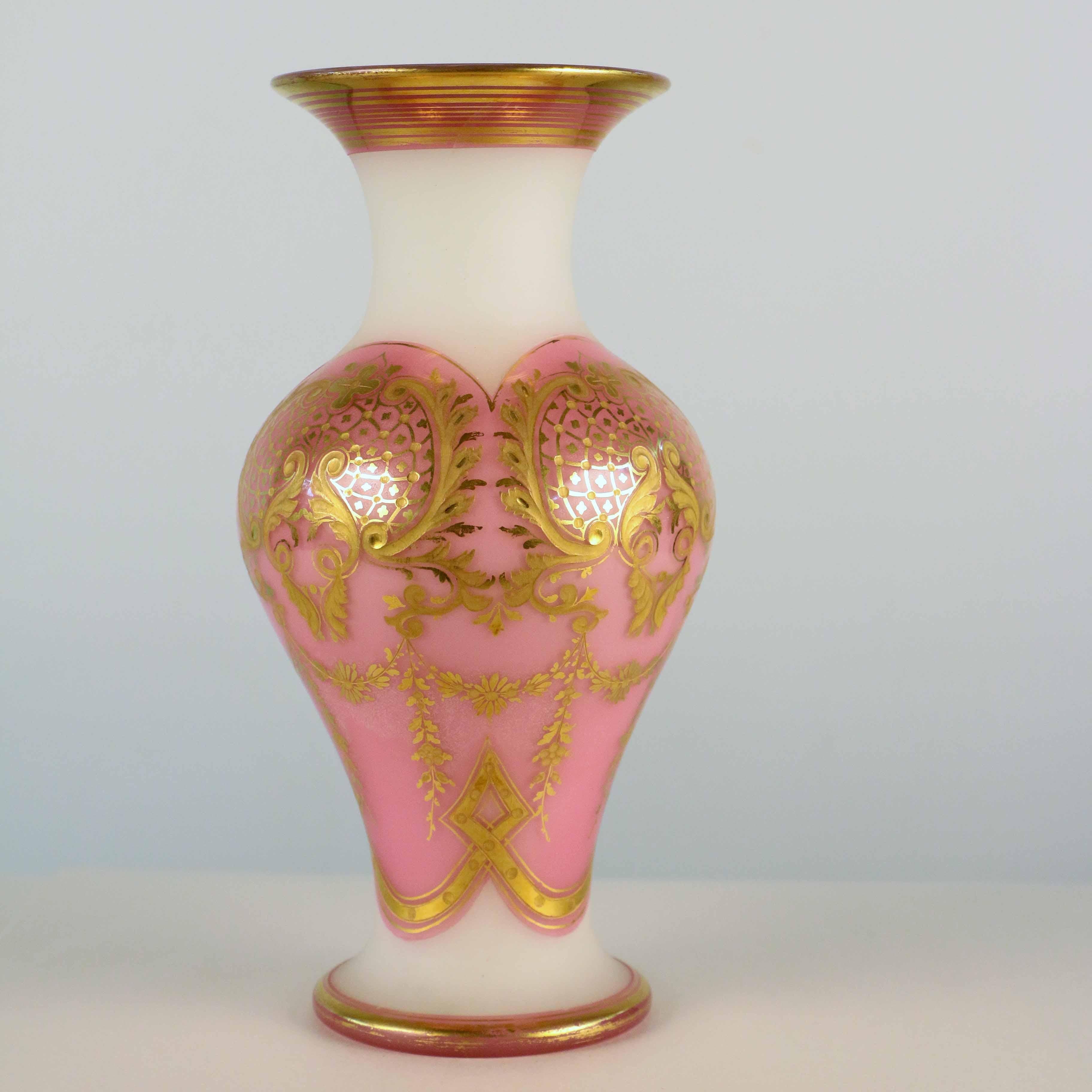 Napoleon III Baccarat White Opaline Glass Vase Pink Overlaid and Gilt