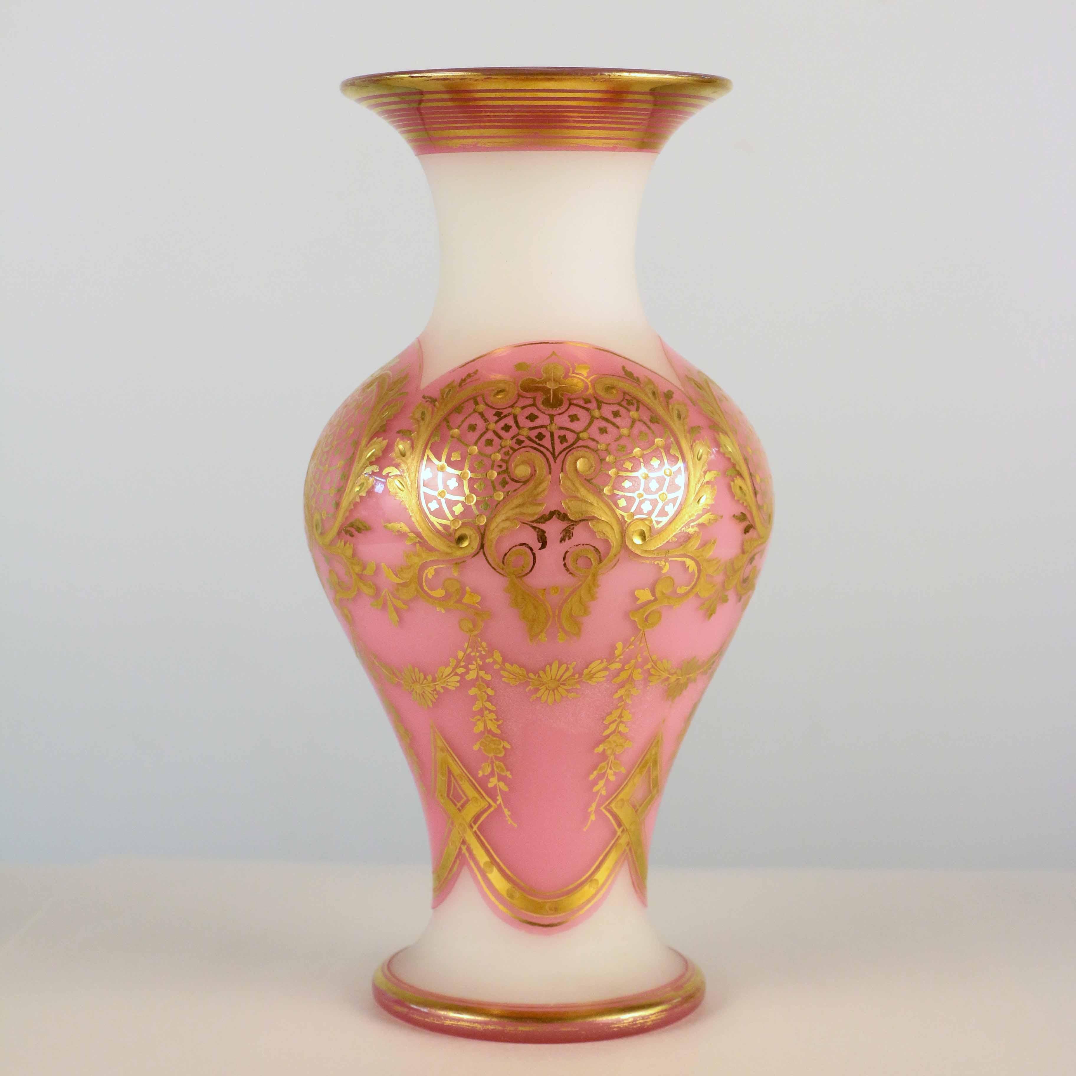 French Baccarat White Opaline Glass Vase Pink Overlaid and Gilt