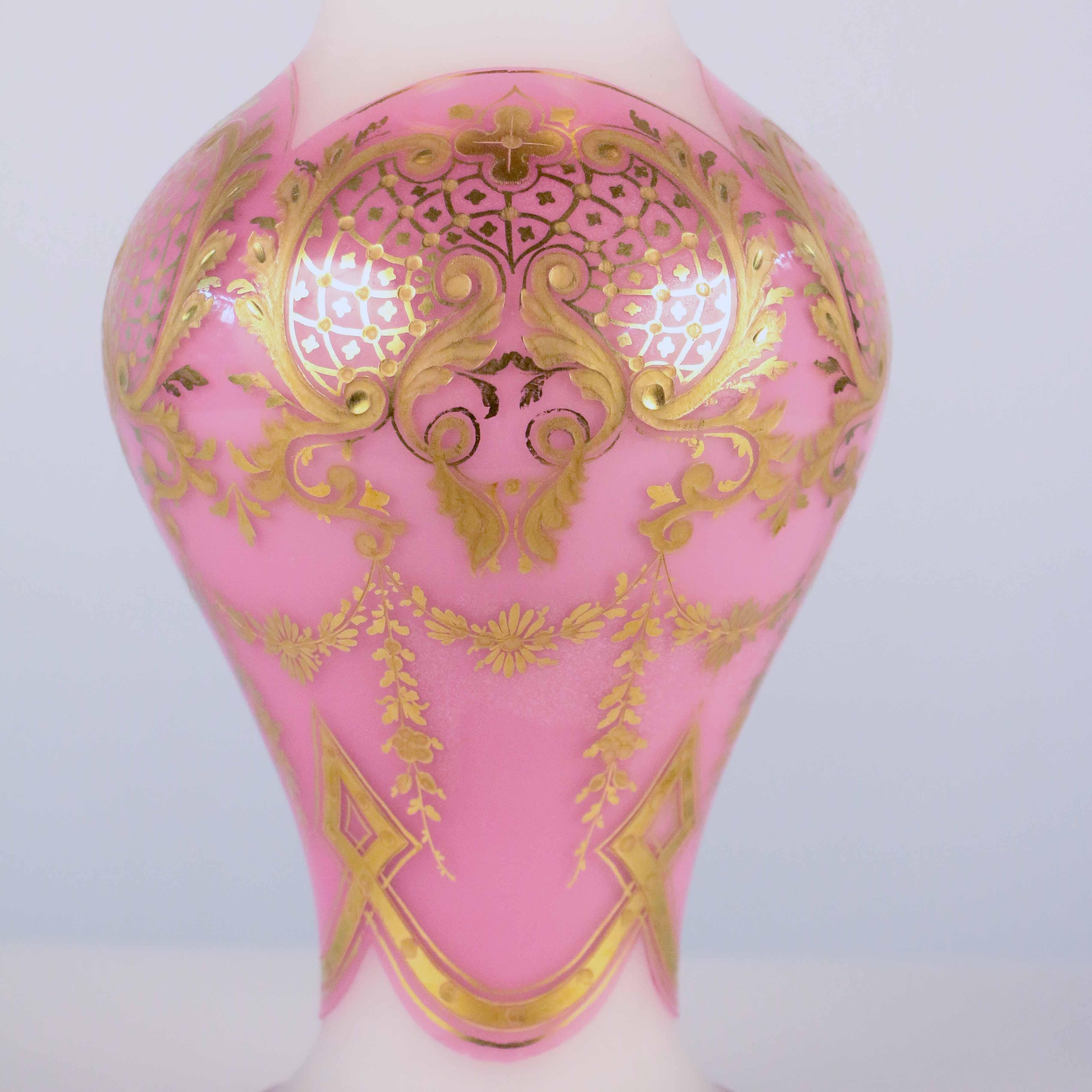 Etched Baccarat White Opaline Glass Vase Pink Overlaid and Gilt
