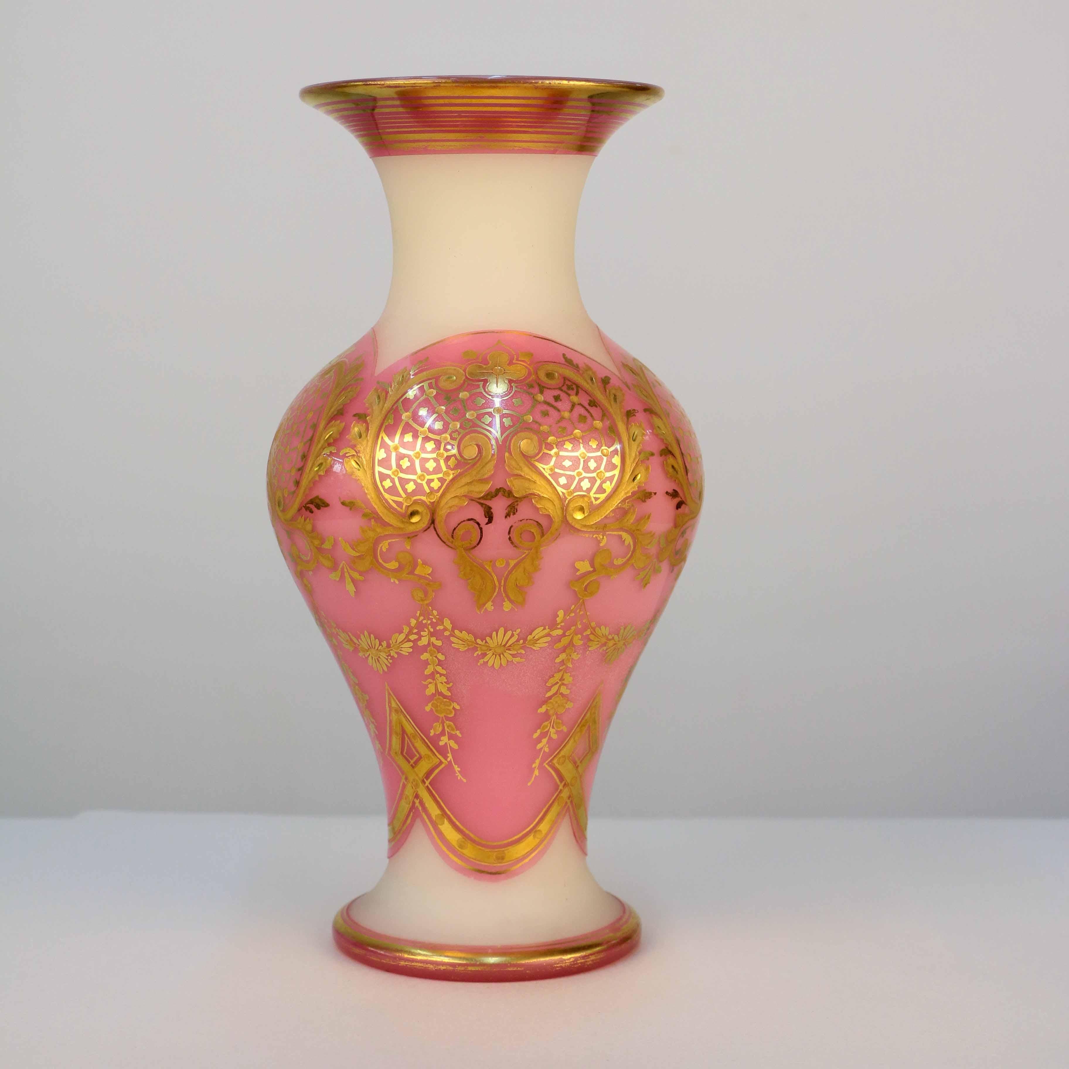 Baccarat White Opaline Glass Vase Pink Overlaid and Gilt In Excellent Condition In Montreal, QC
