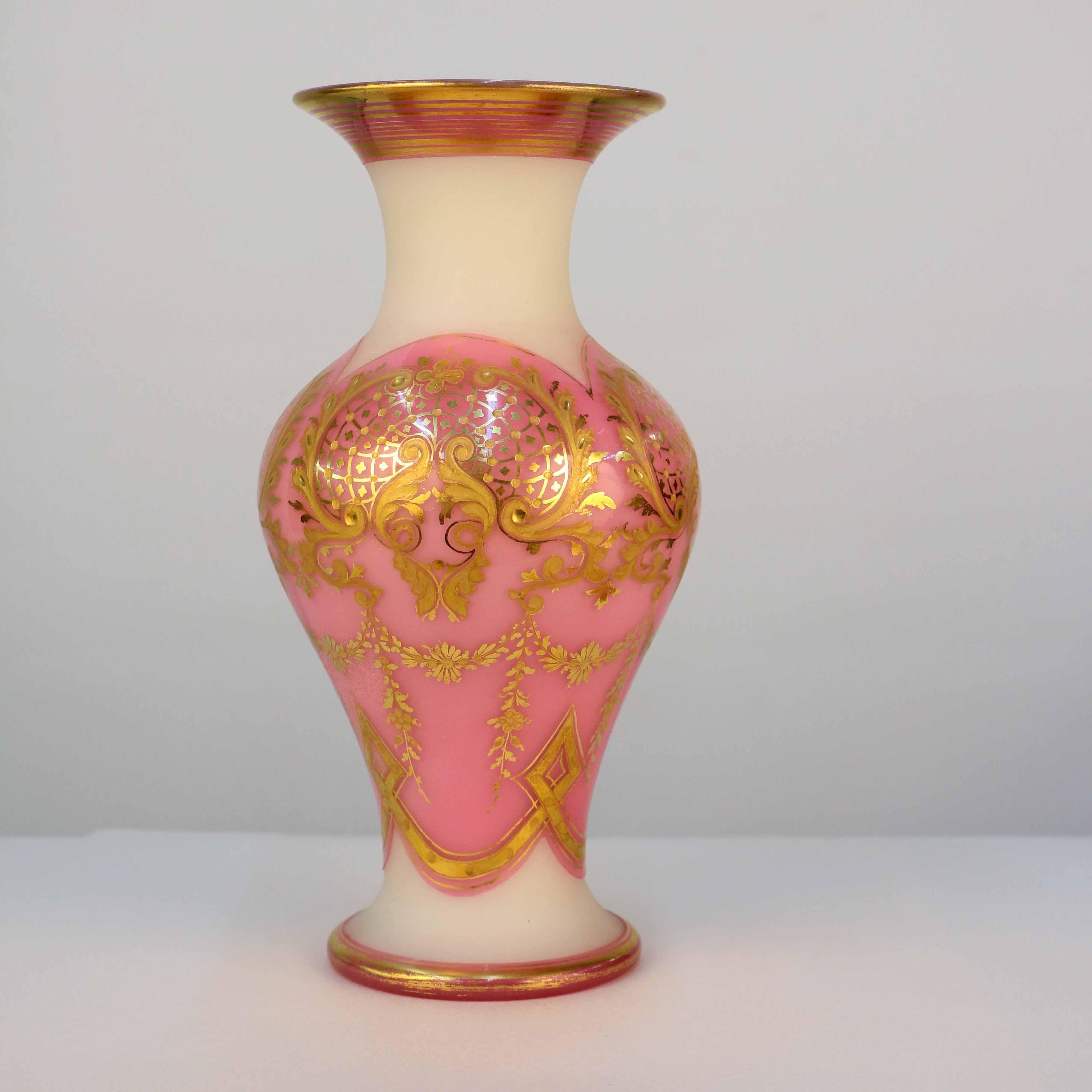 19th Century Baccarat White Opaline Glass Vase Pink Overlaid and Gilt