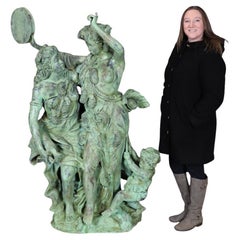 Antique Bacchanal After Clodion Superb Life-Size Figural Verdigris Maiden and Child
