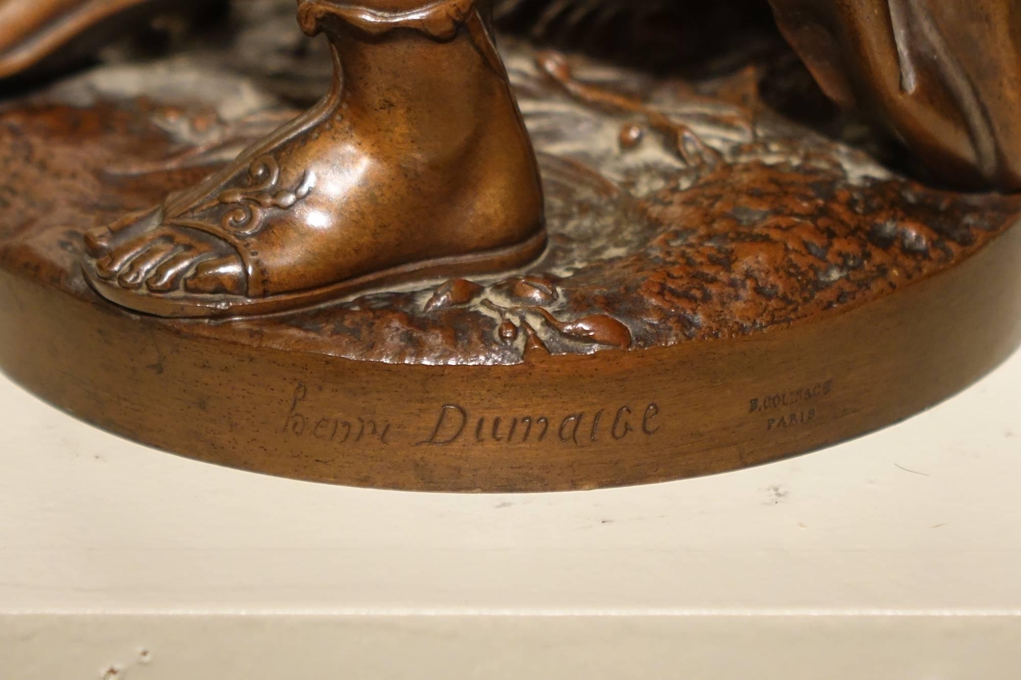 French  Two Girls Dancing and Playing Tambourine, Bronze  Sculpture Signed Dumaige For Sale
