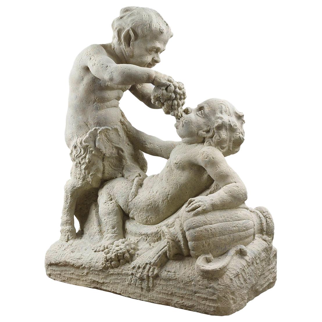Bacchanal with Putto and Satyr, Sandstone 1775, German For Sale