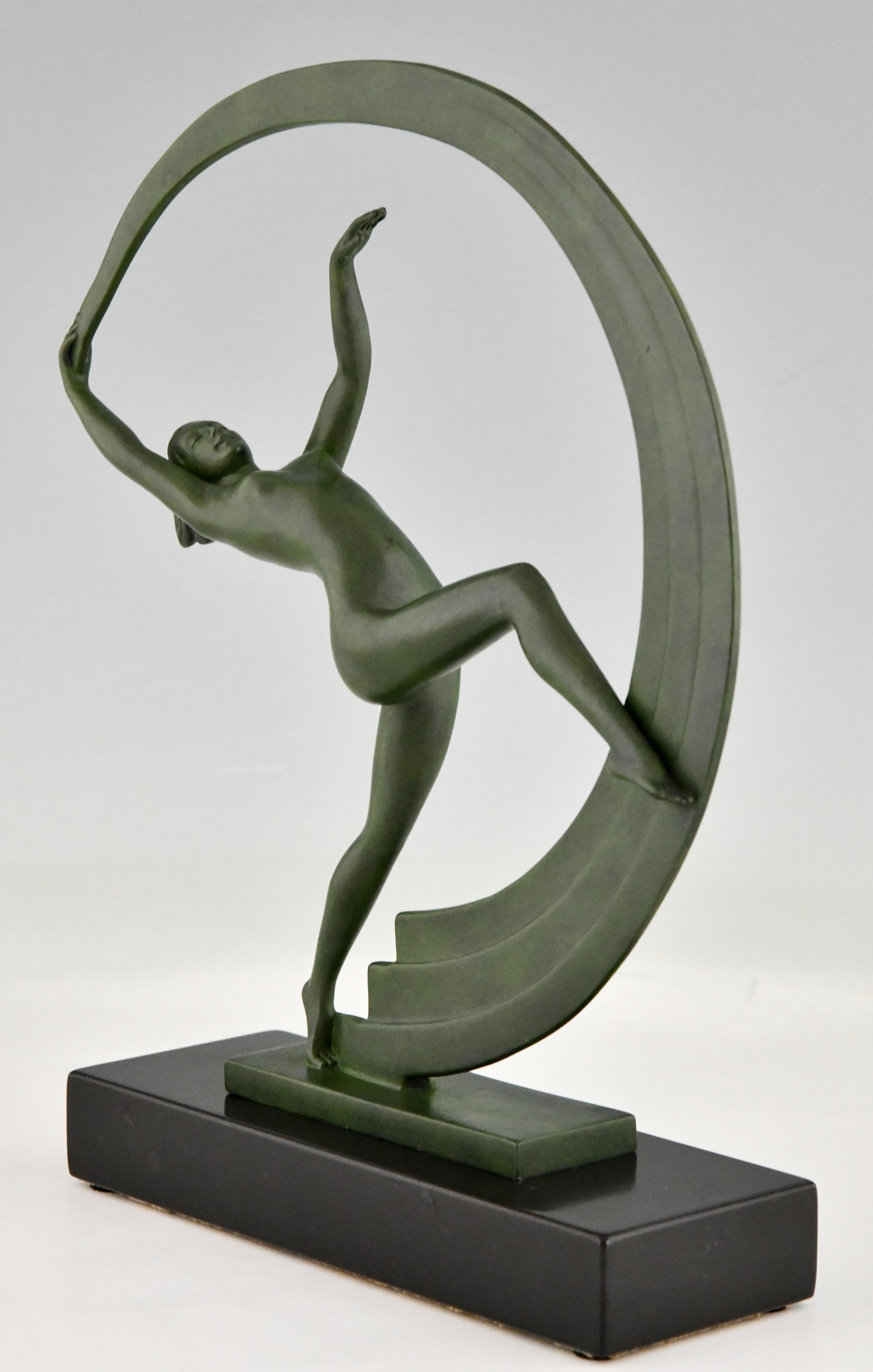 French Bacchanale Art Deco Sculpture Nude Scarf Dancer Janle for Max Le Verrier, 1930