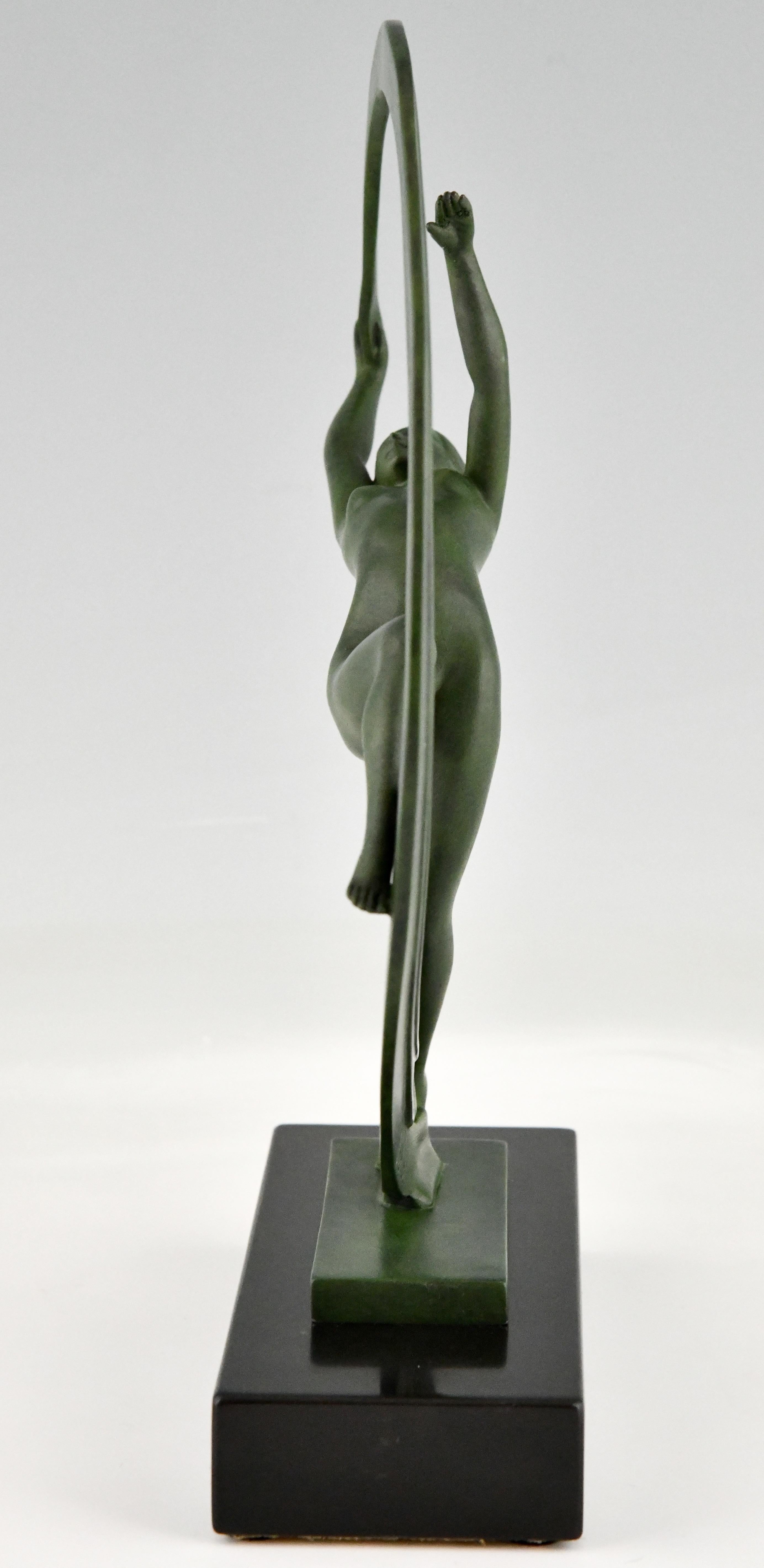 Patinated Bacchanale Art Deco Sculpture Nude Scarf Dancer Janle for Max Le Verrier, 1930