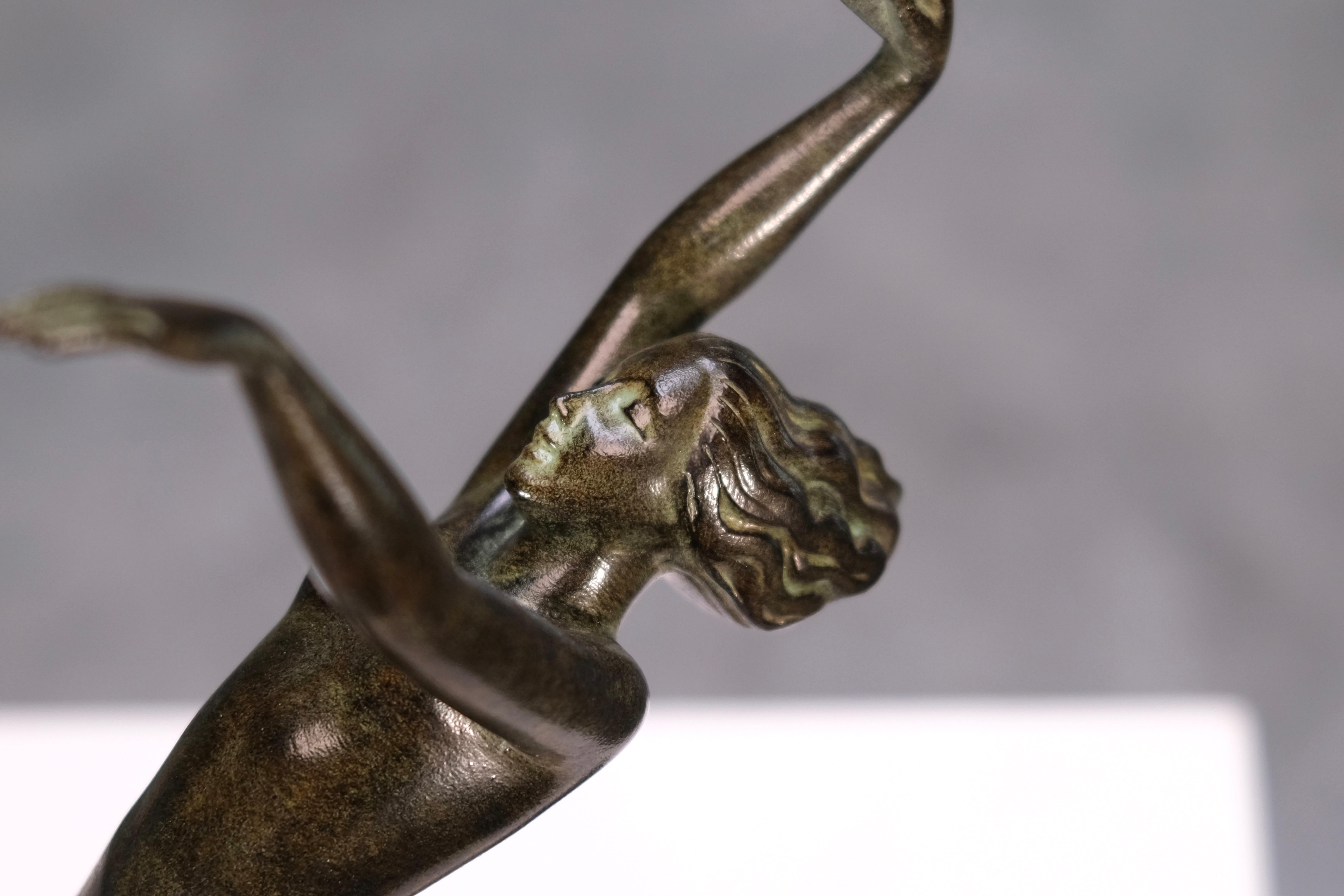 Patinated Bacchanale Dancer Sculpture in Art Deco Style by Janle for Max Le Verrier For Sale