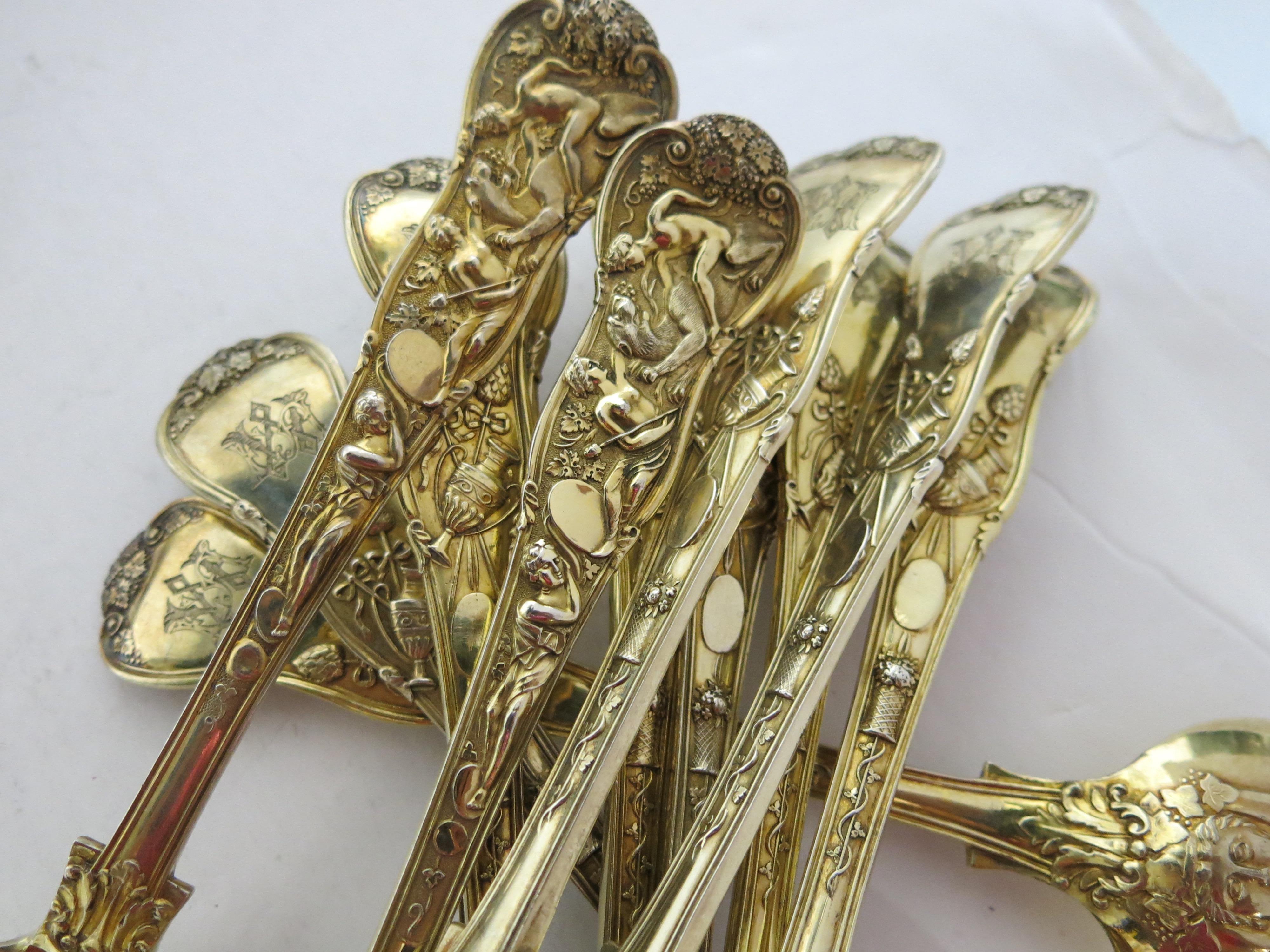 Bacchanalian Pattern, Rare Set 12 Antique English Sterling Silver Table Spoons For Sale 6