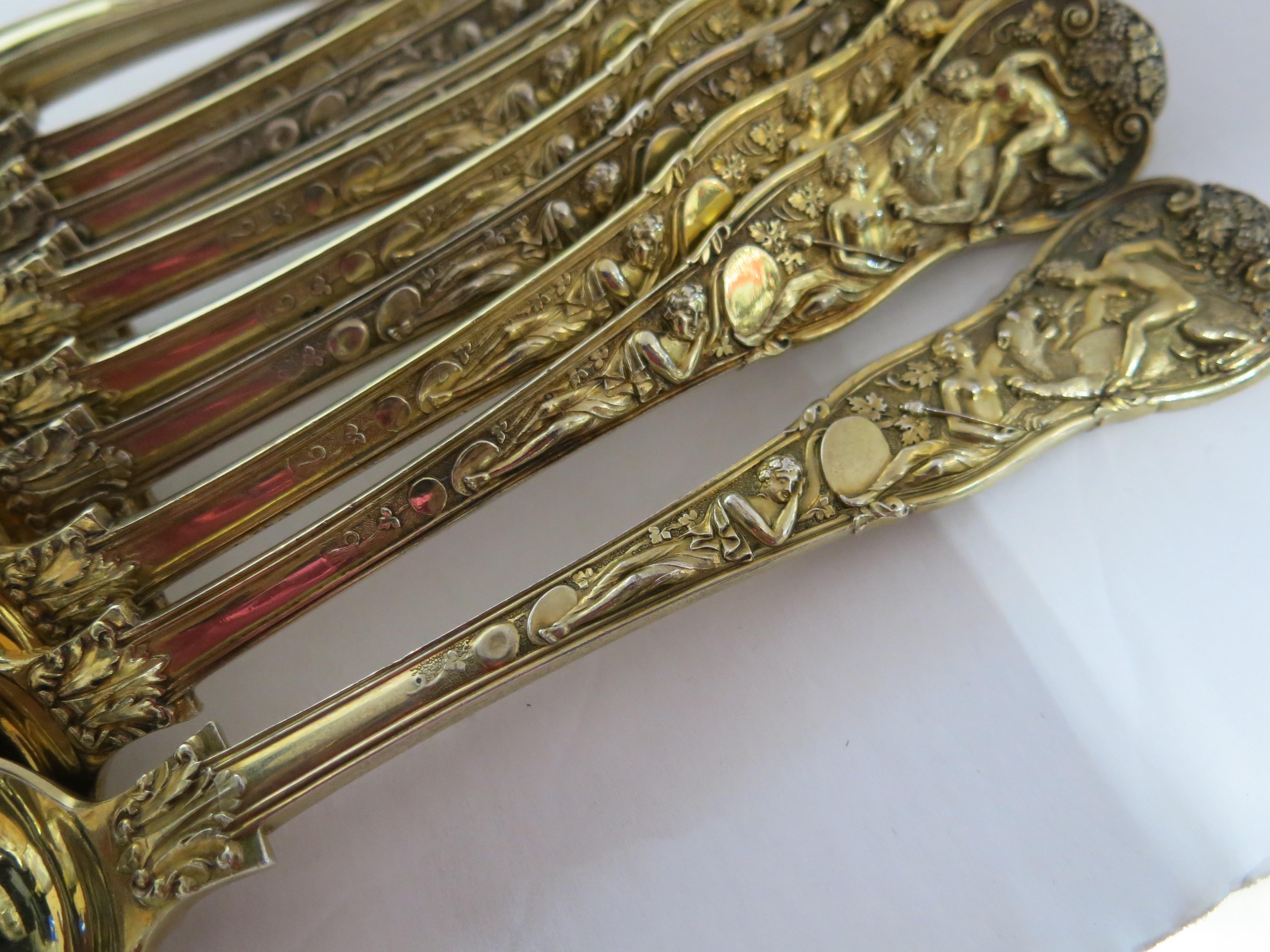 Victorian Bacchanalian Pattern, Rare Set 12 Antique English Sterling Silver Table Spoons For Sale