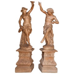 "Bacchante and Bacchant", Exceptional Pair of Terracotta Statues, circa 1880