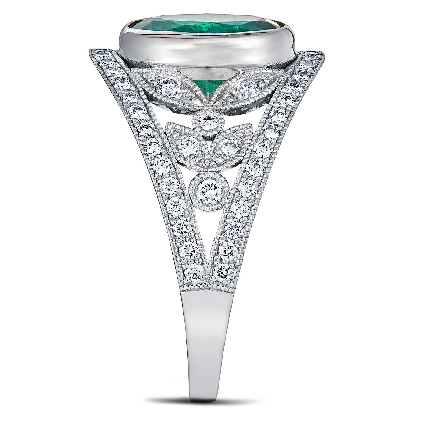 For Sale:  18k White Gold Laurel Leaf Design 1.28 Ct Vivid Green Oval Emerald Ring 2
