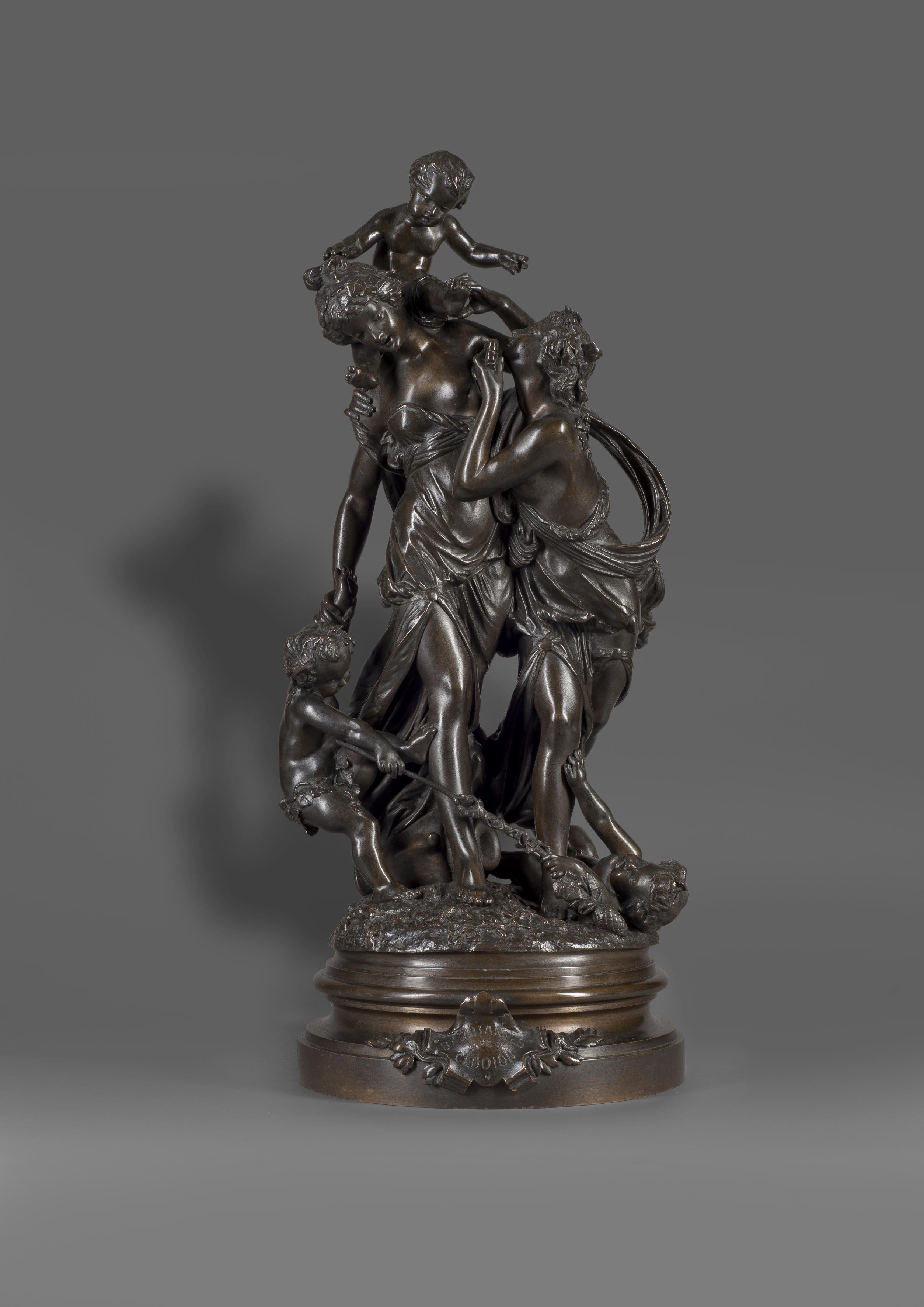 'Bacchantes', a fine patinated bronze figural group after Claude Michael Clodion, French (1738-1814).

French, circa 1870. 

Signed 'Clodion' to the base and inscribed 'BACCHANTES DE CLODION'.

The son-in-law of sculptor Augustin Pajou,
