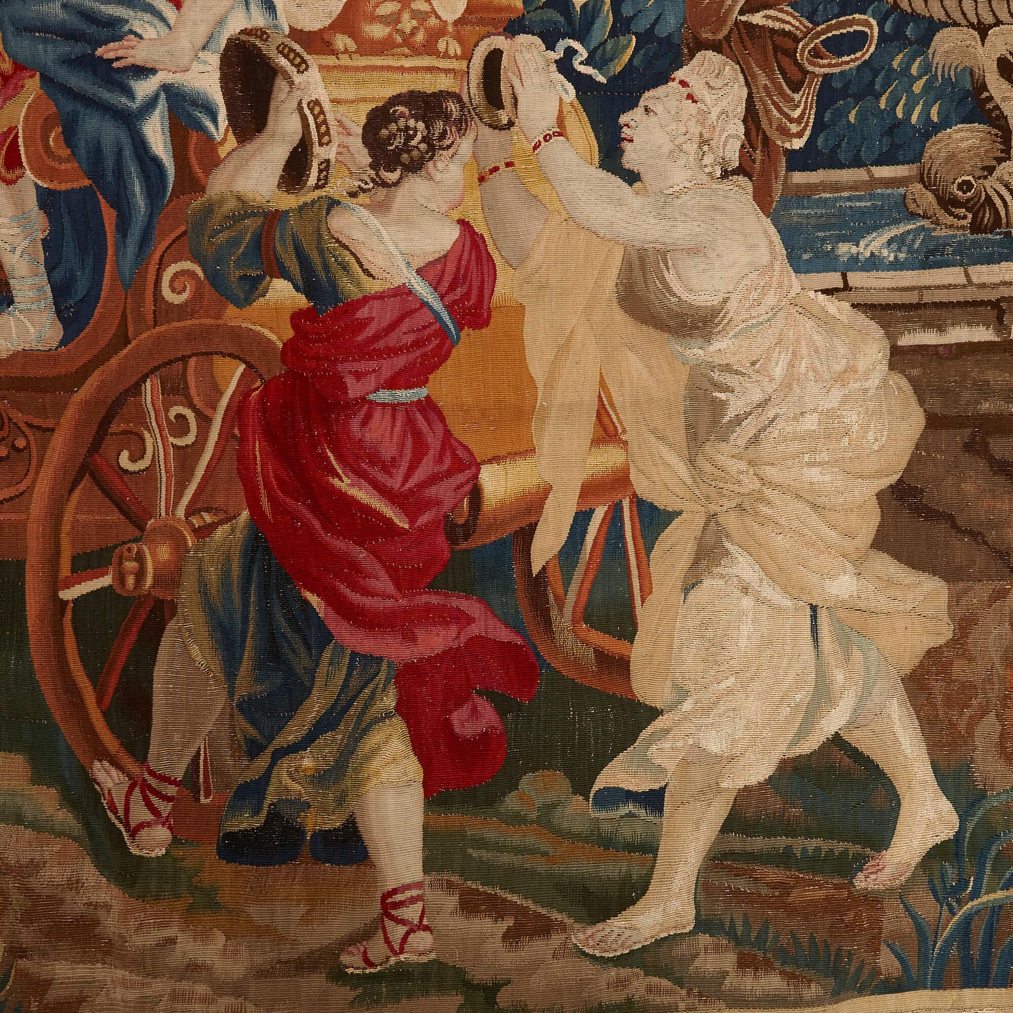Classical Roman Bacchus and Ariadne, early 18th Century mythological tapestry For Sale