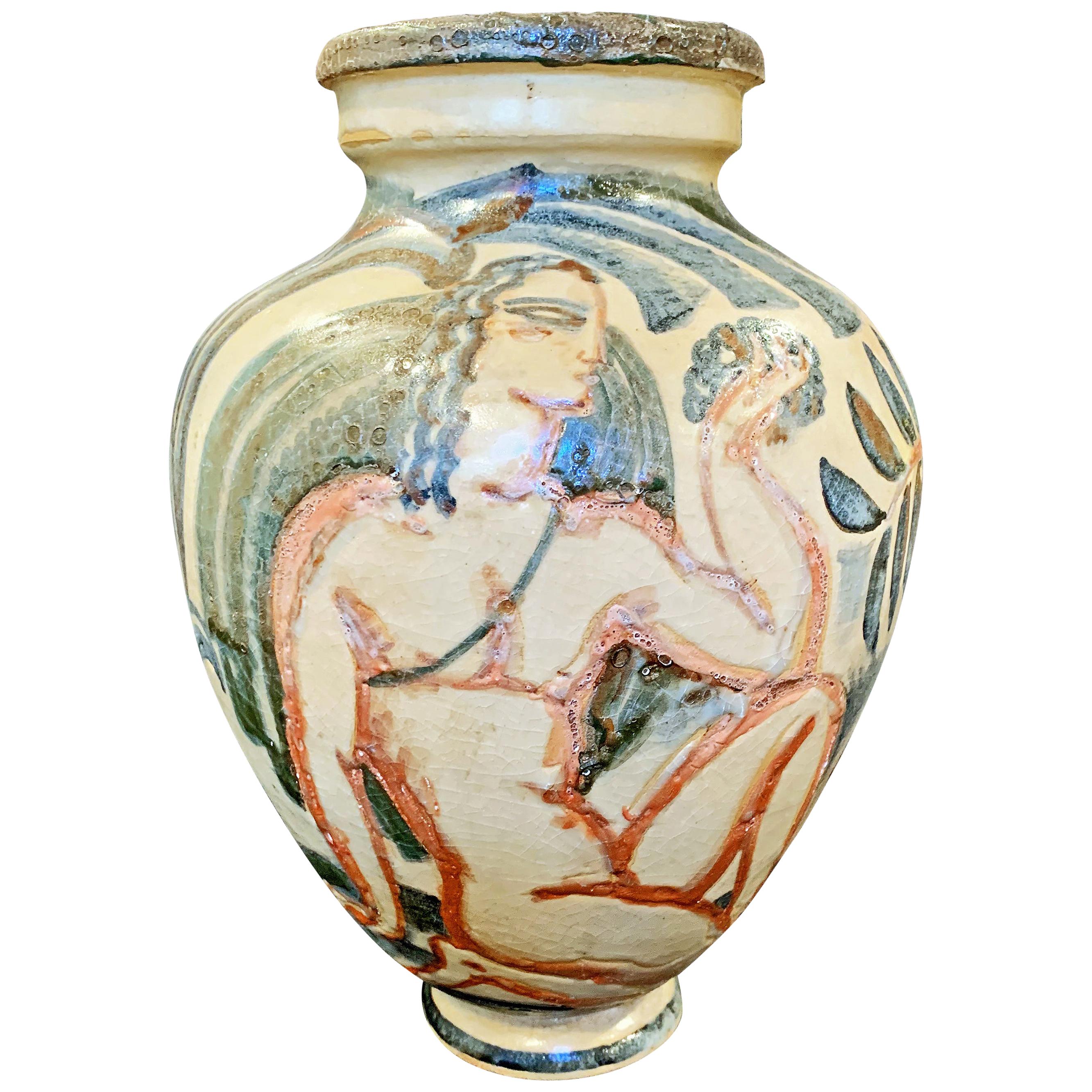 "Bacchus and Nymph," Superb Art Deco Vase with Nude Figures by Buthaud