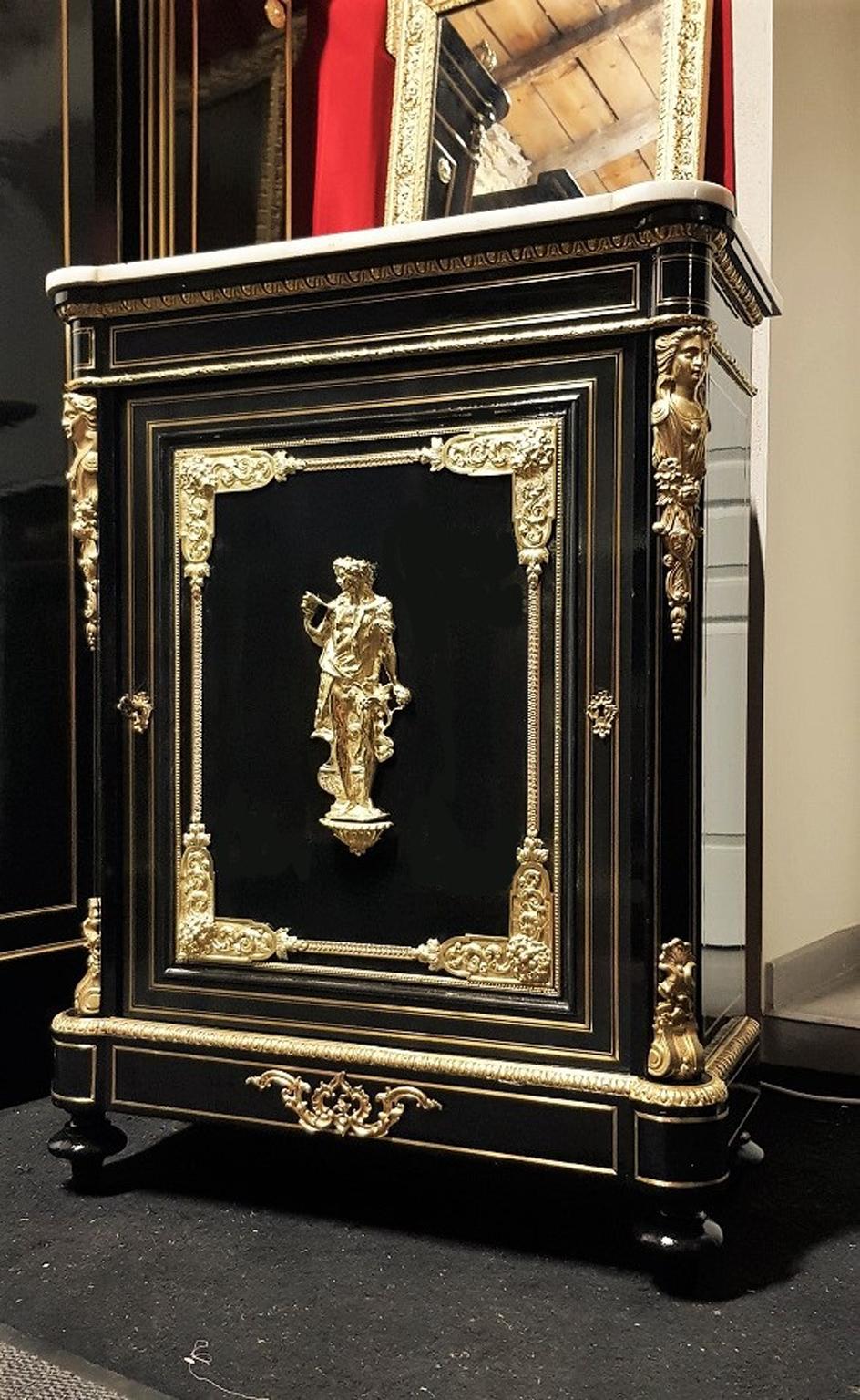 Blackened Bacchus Bronze and Carrara Marble Boulle Marquetry Cabinet Napoleon III, France