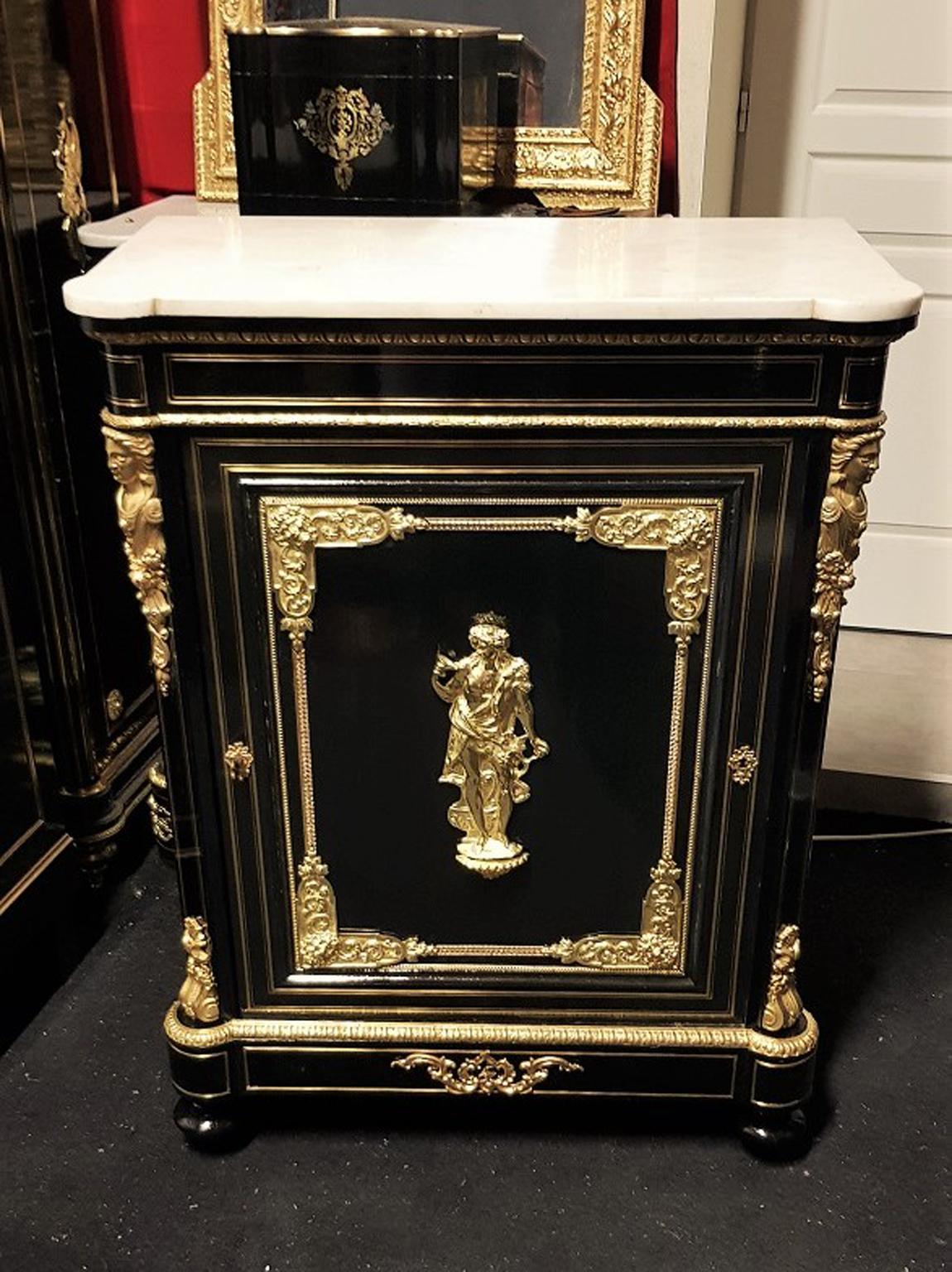 Bacchus Bronze and Carrara Marble Boulle Marquetry Cabinet Napoleon III, France In Excellent Condition In Paris, FR