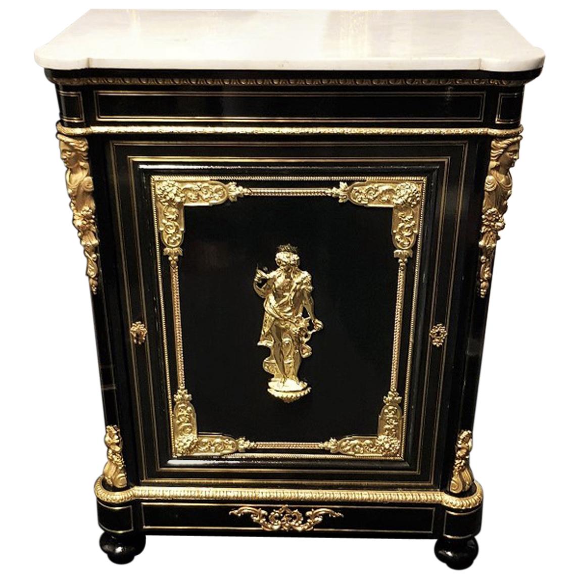 Bacchus Bronze and Carrara Marble Boulle Marquetry Cabinet Napoleon III, France
