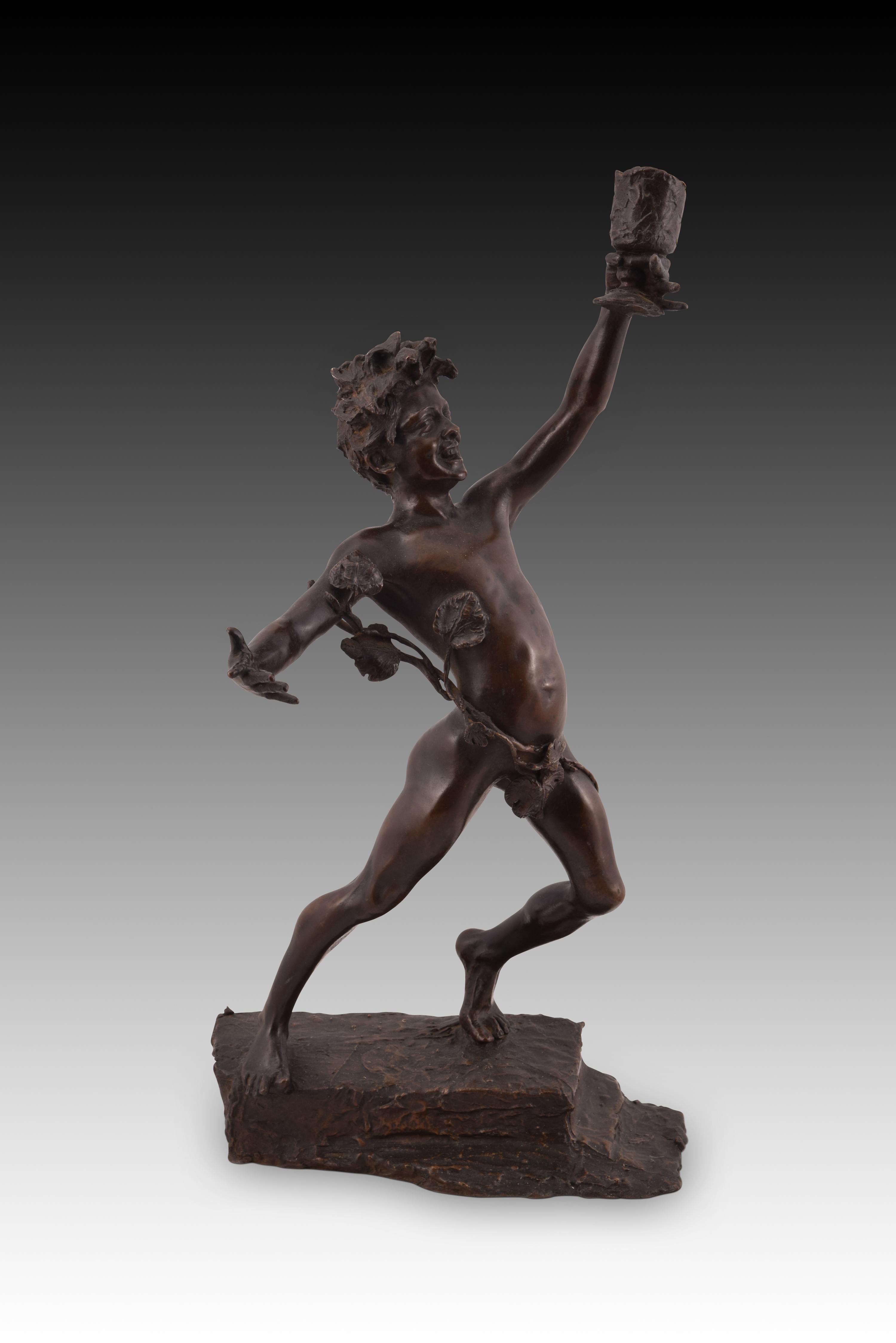 Bacchus. Bronze. RENDA, Giuseppe (1859/92-1939).
 Bronze figure with a rectangular base resembling rocks that shows a figure of a half-naked young man, with leaves and vine stems on his body and head, holding a glass high and in a happy attitude.