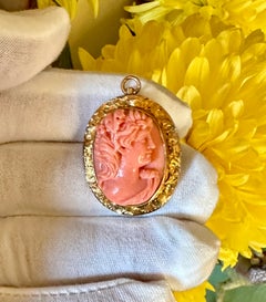 Bacchus Coral Cameo Pendant Necklace Gold Neoclassical God Dionysus Victorian