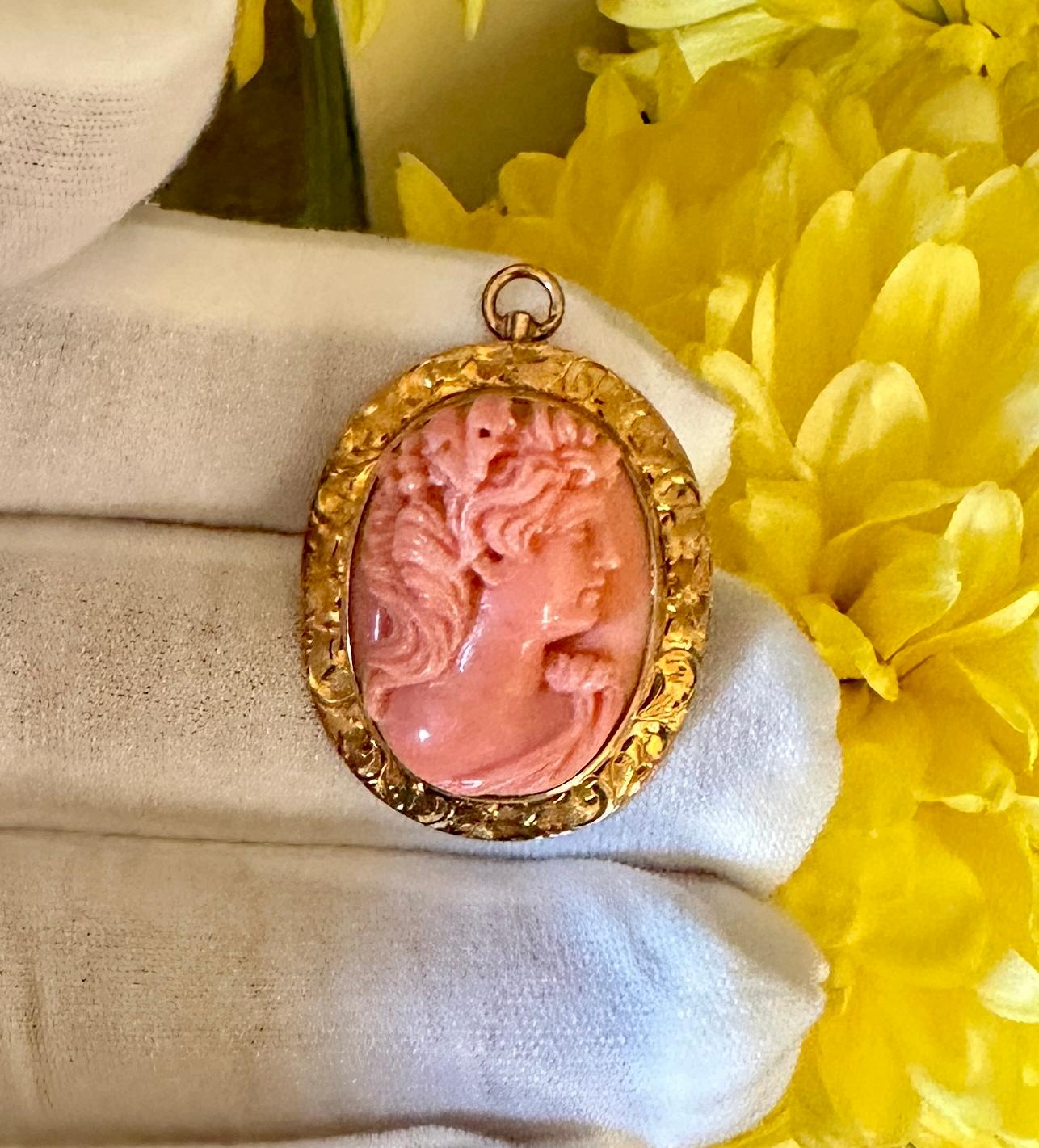 Women's or Men's Bacchus Coral Cameo Pendant Necklace Gold Neoclassical God Dionysus Victorian For Sale