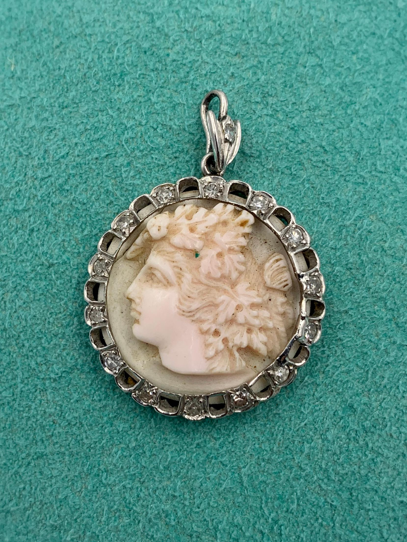 Bacchus Dionysus Diamond Platinum Cameo Pendant Victorian Hand Carved In Fair Condition For Sale In New York, NY