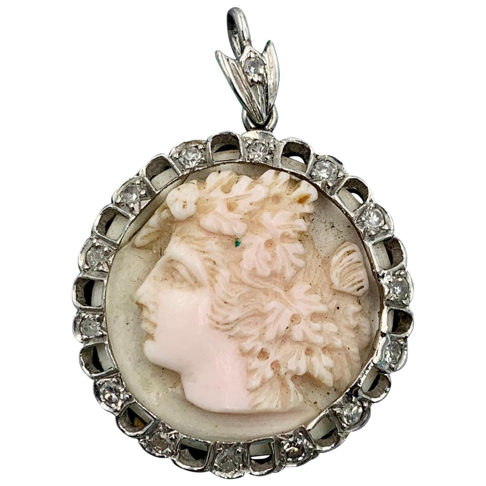 Bacchus Dionysus Diamond Platinum Cameo Pendant Victorian Hand Carved