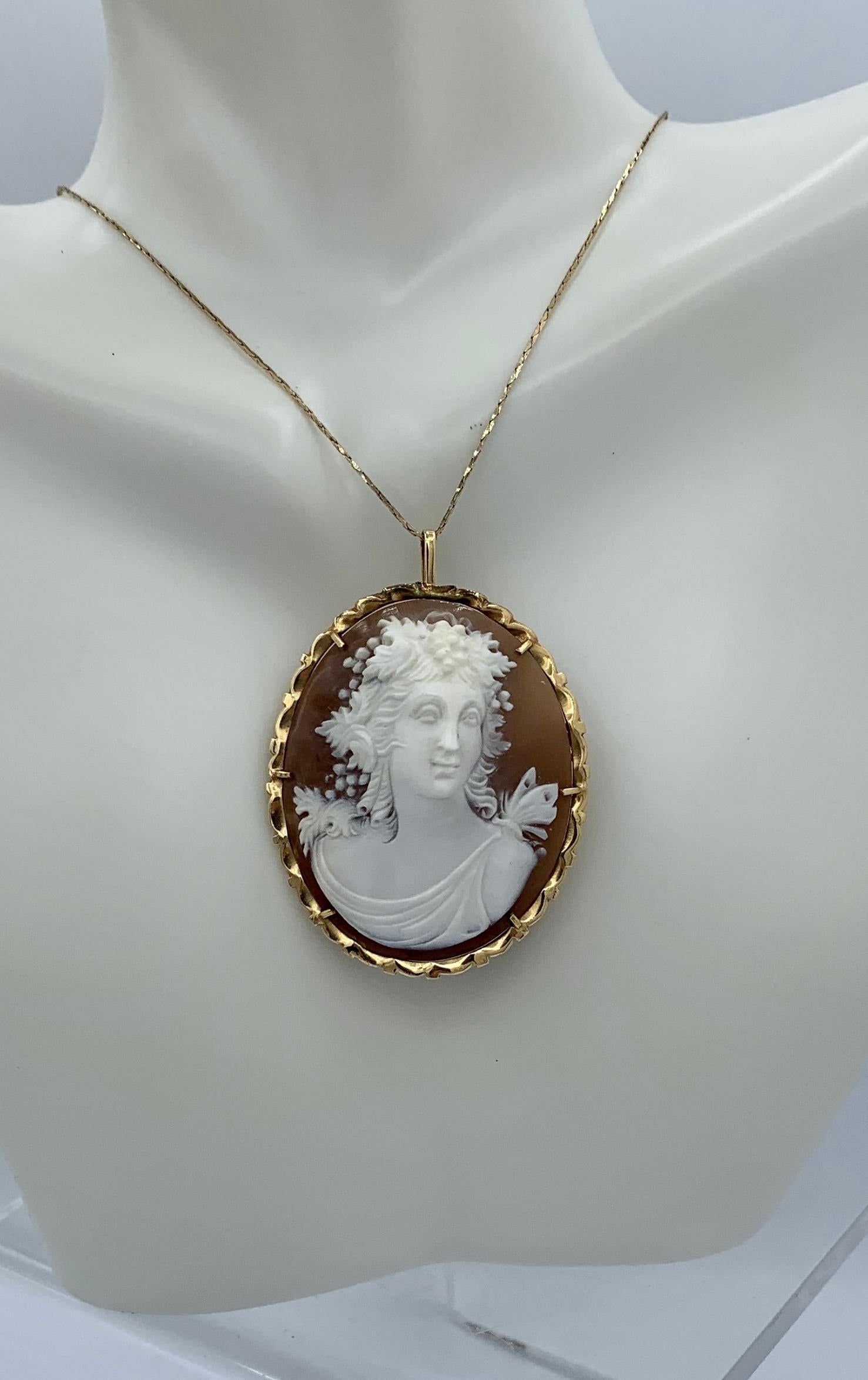 Victorian Bacchus Dionysus with Butterfly Cameo Pendant Brooch 14 Karat Gold Antique For Sale