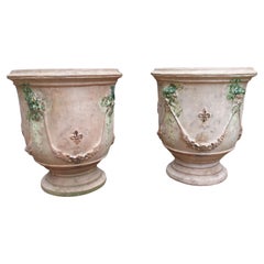 Bacchus et Fauna Large Antiqued Anduze Planters with Fleur De Lys Decor