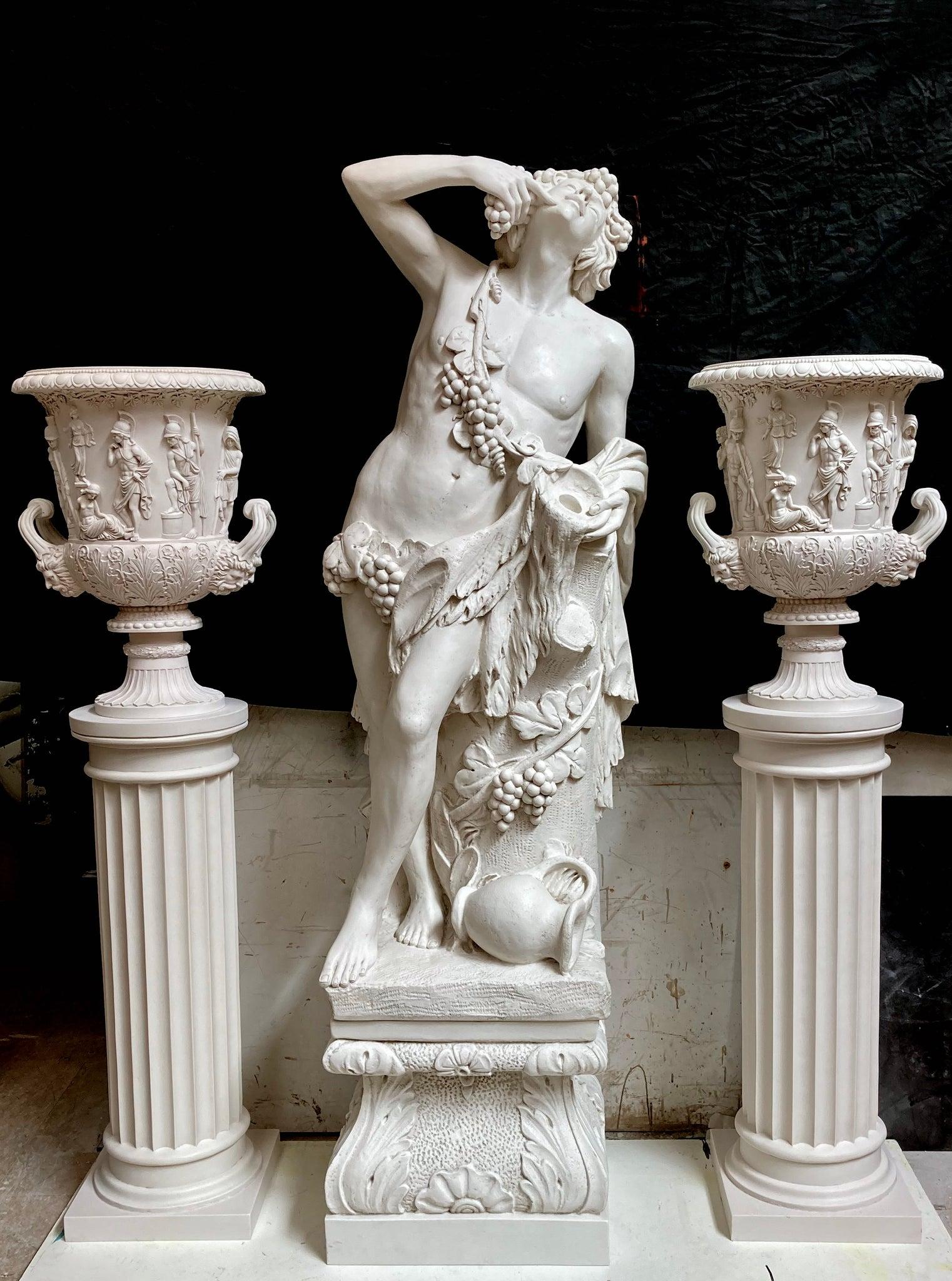 A marble Statue of Bacchus.

The Greek god Dionysus, or Bacchus, was a son of Zeus and the god of the vine. 

This Grand tour statue is depicting him, spilling his Goblet of wine, and looking like he may have had enough, with his empty wine ewer