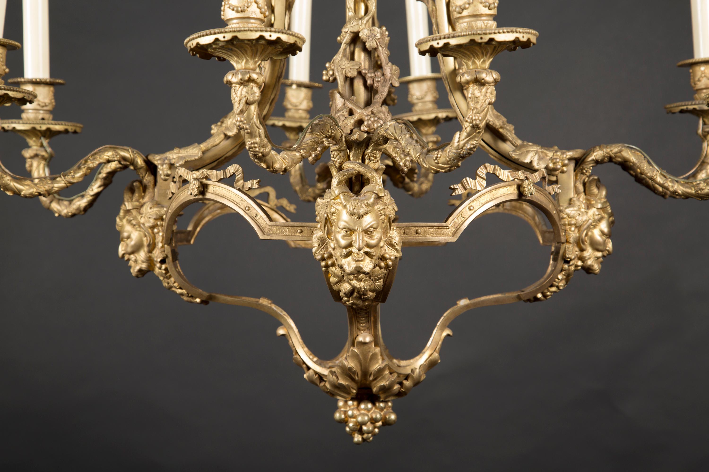 Bacchus Themed 19th Century French Louis XVI Bronze D’ore Chandelier In Excellent Condition For Sale In New Orleans, LA
