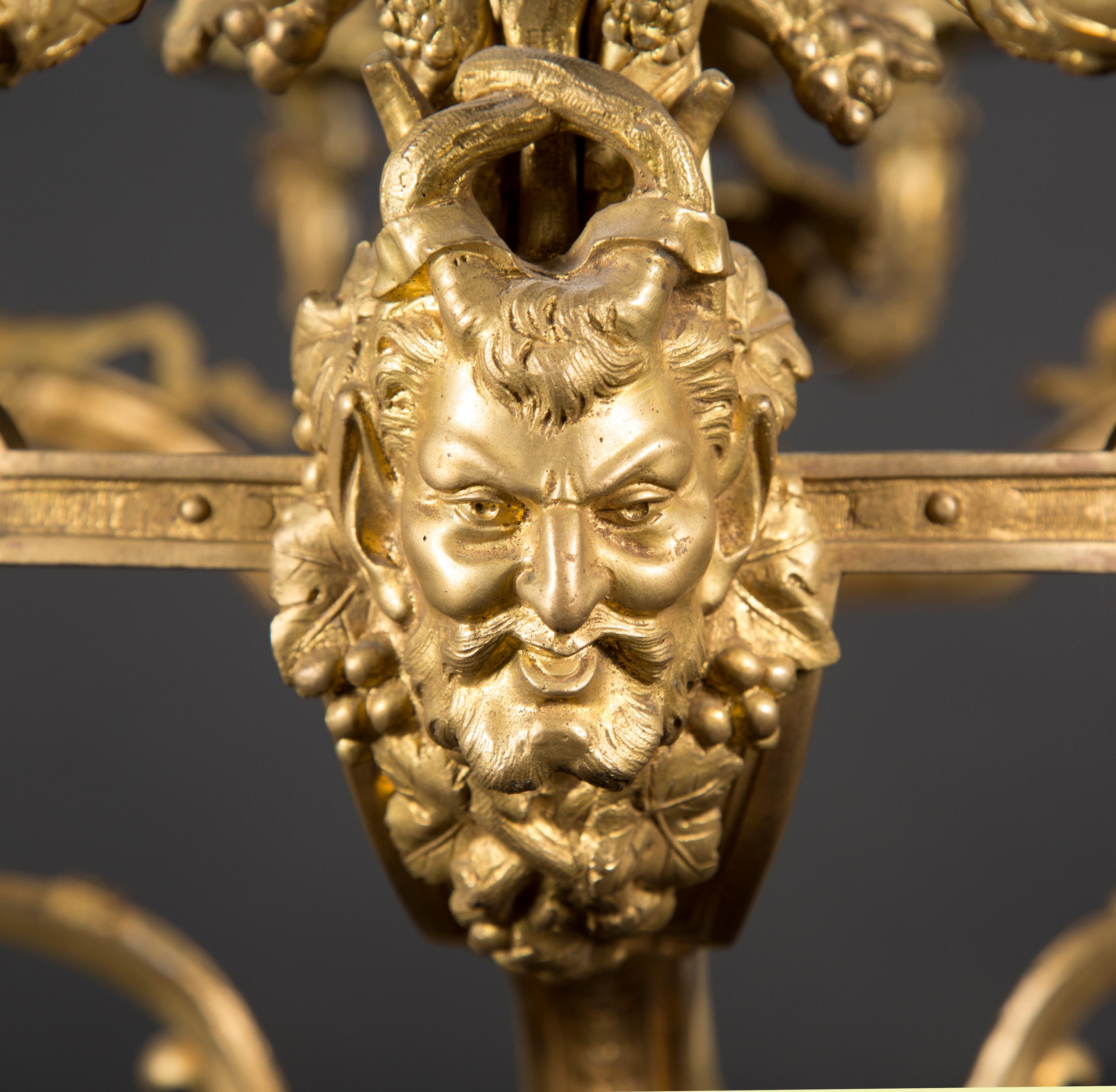 Gold Plate Bacchus Themed 19th Century French Louis XVI Bronze D’ore Chandelier For Sale