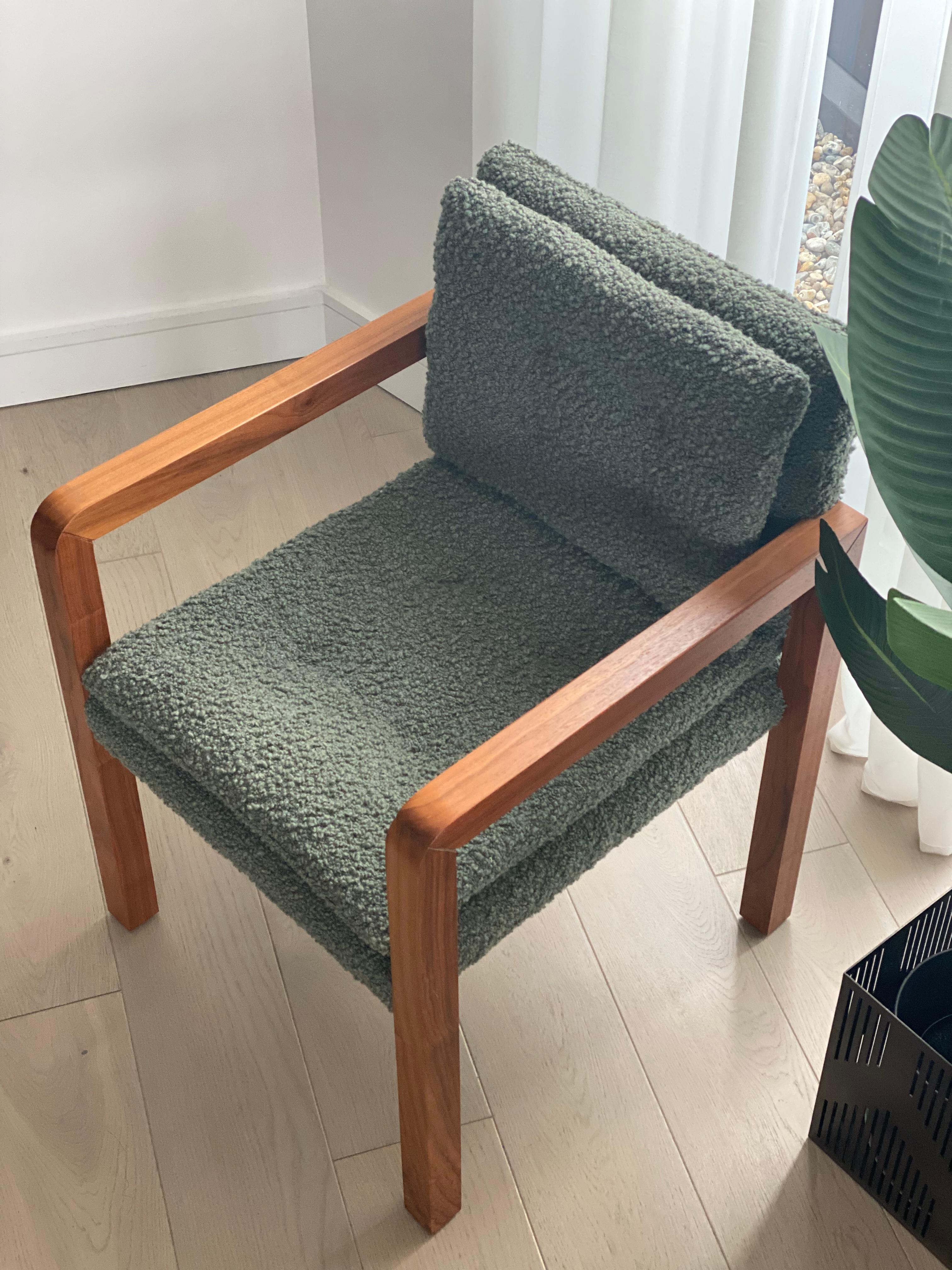 British Custom Made Bacco Carver Chair Walnut Upholstered with Boucle  For Sale