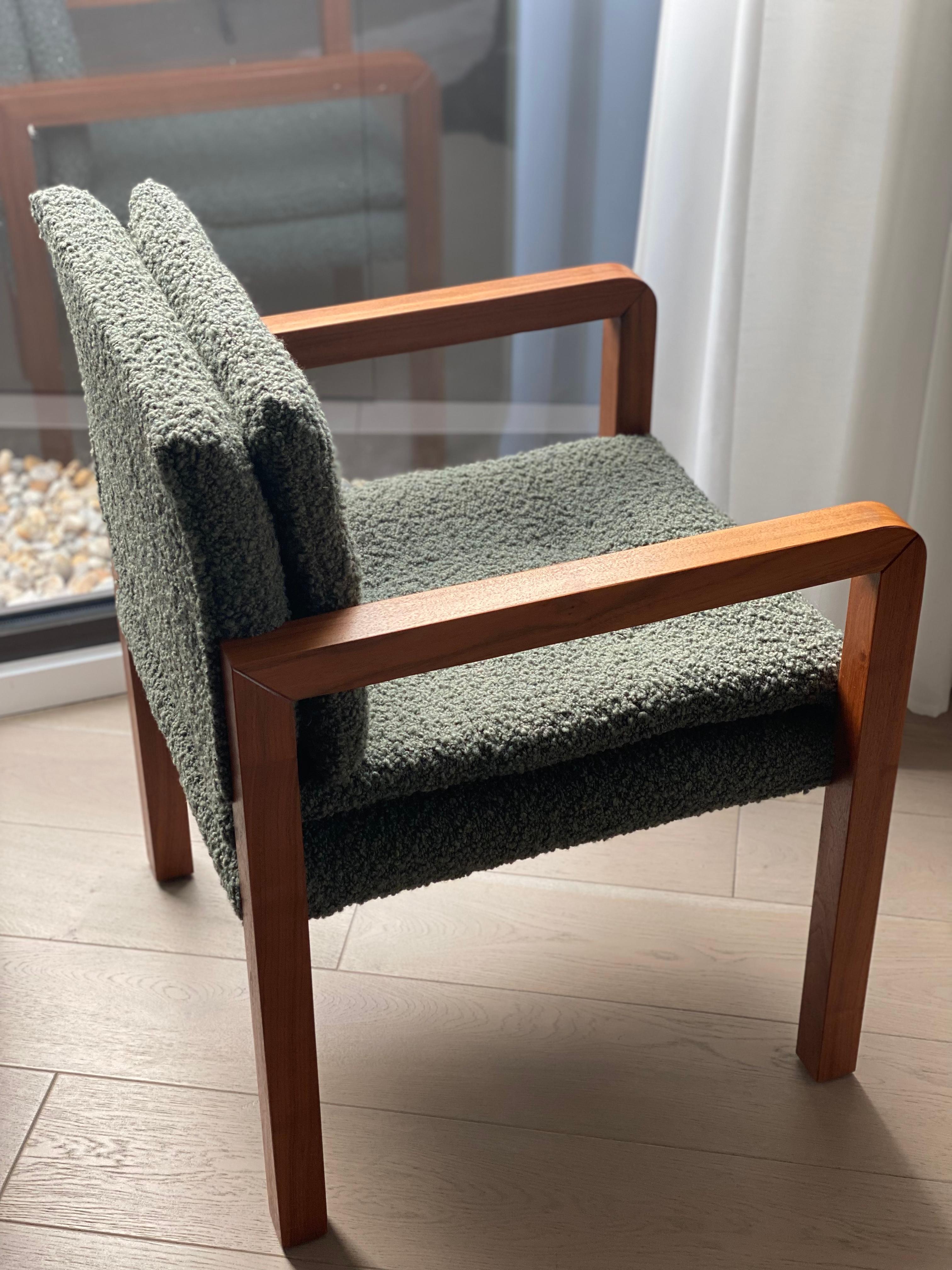 Custom Made Bacco Carver Chair Walnut Upholstered with Boucle  For Sale 1