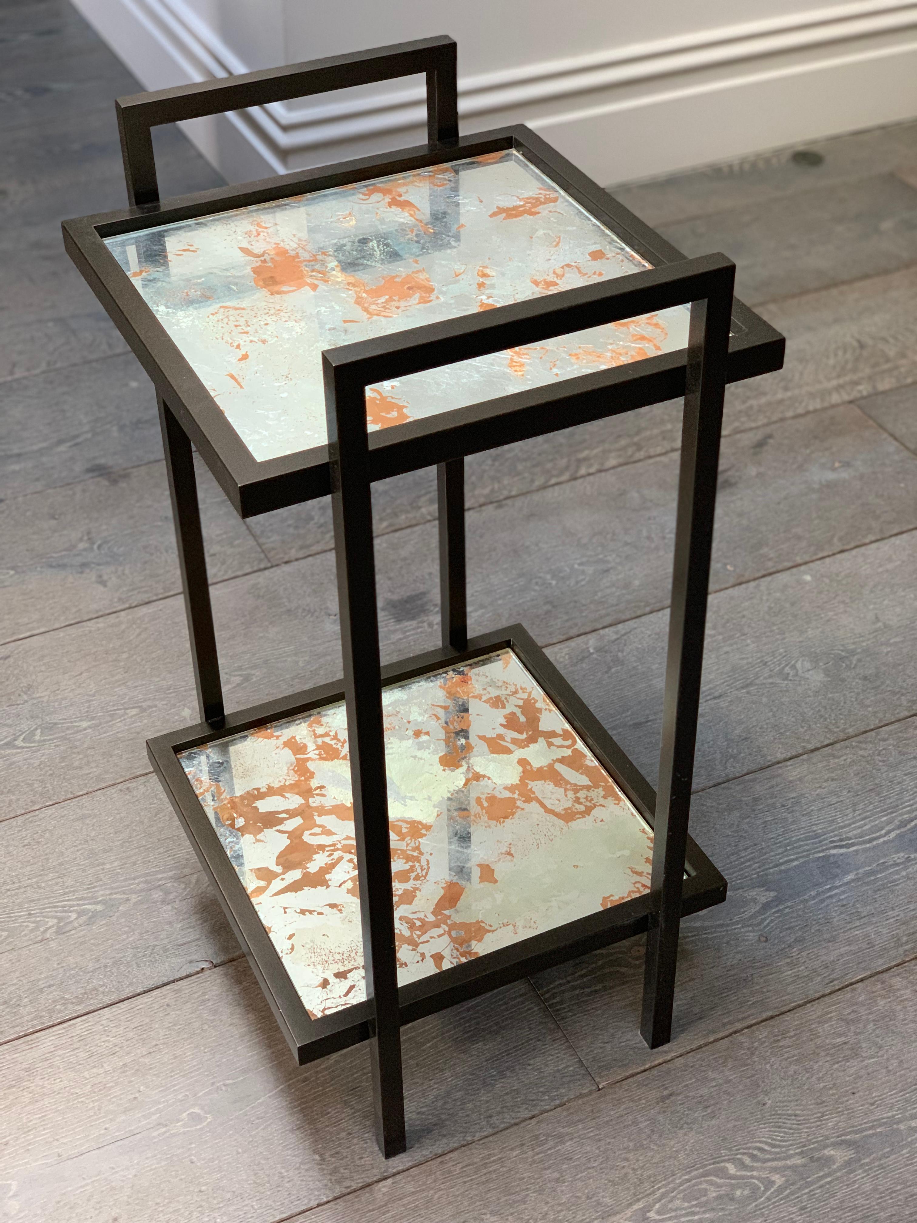Blackened Bacco Console Side Table in Dark Bronze and Handmade Antique Mirror Surface For Sale